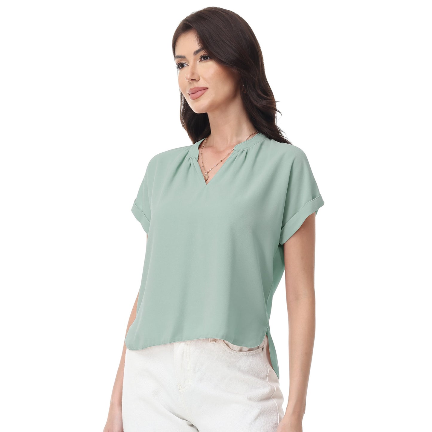 Anna-Kaci Women's Short Sleeve Blouse with Gathered V-Neckline and Rolled Cuffs