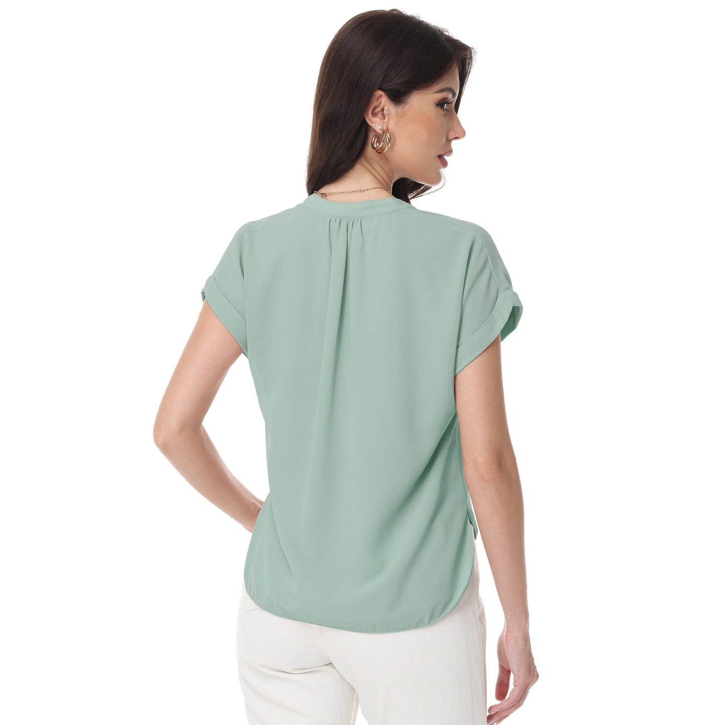 Anna-Kaci Women's Short Sleeve Blouse with Gathered V-Neckline and Rolled Cuffs