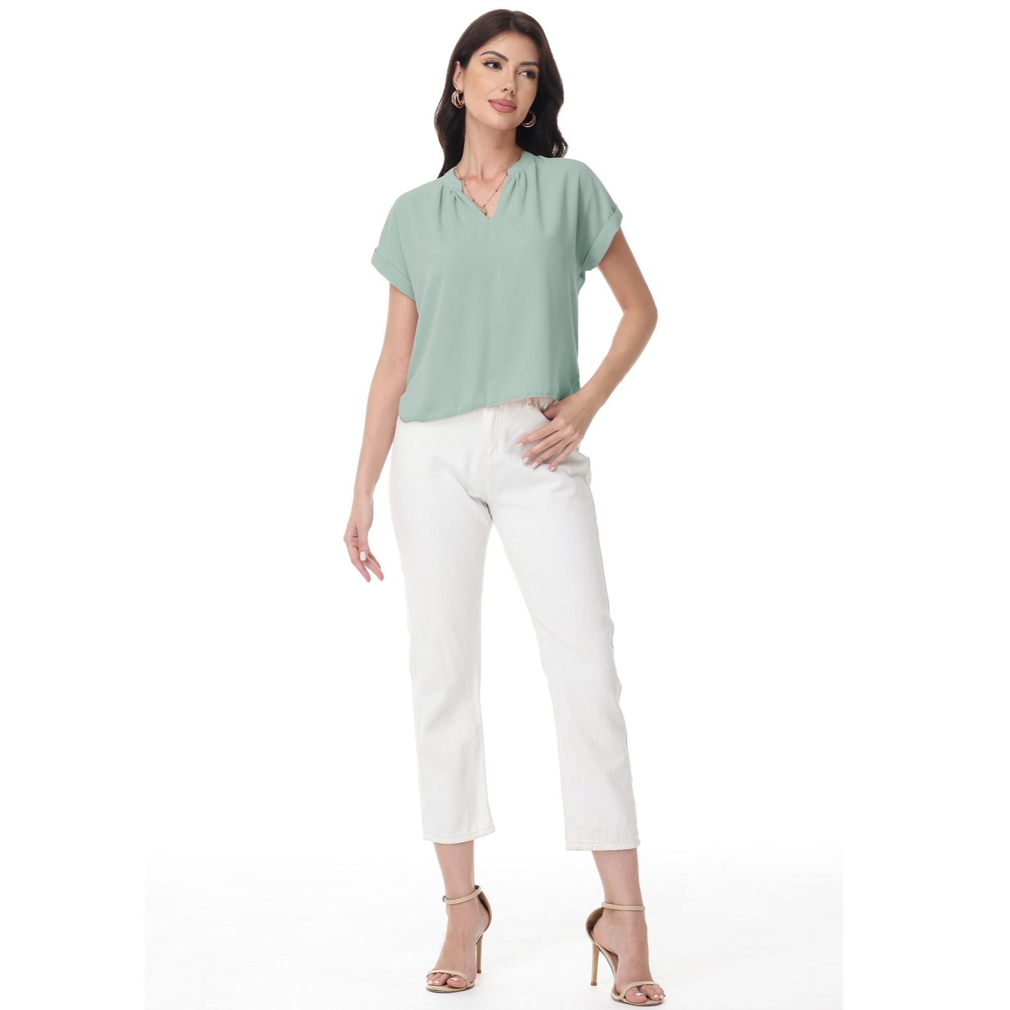 Anna-Kaci Women's Short Sleeve Blouse with Gathered V-Neckline and Rolled Cuffs