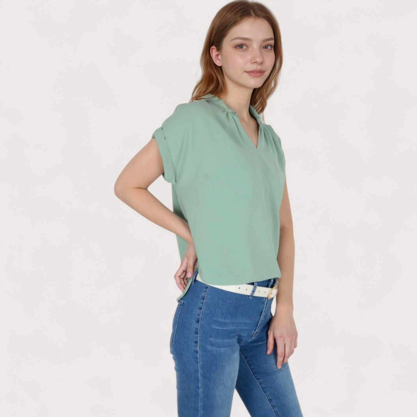 Anna-Kaci Women's V-Neck Short Sleeve Blouse with Rolled Cuffs and Soft Pleated Collar Detail - Small, Green