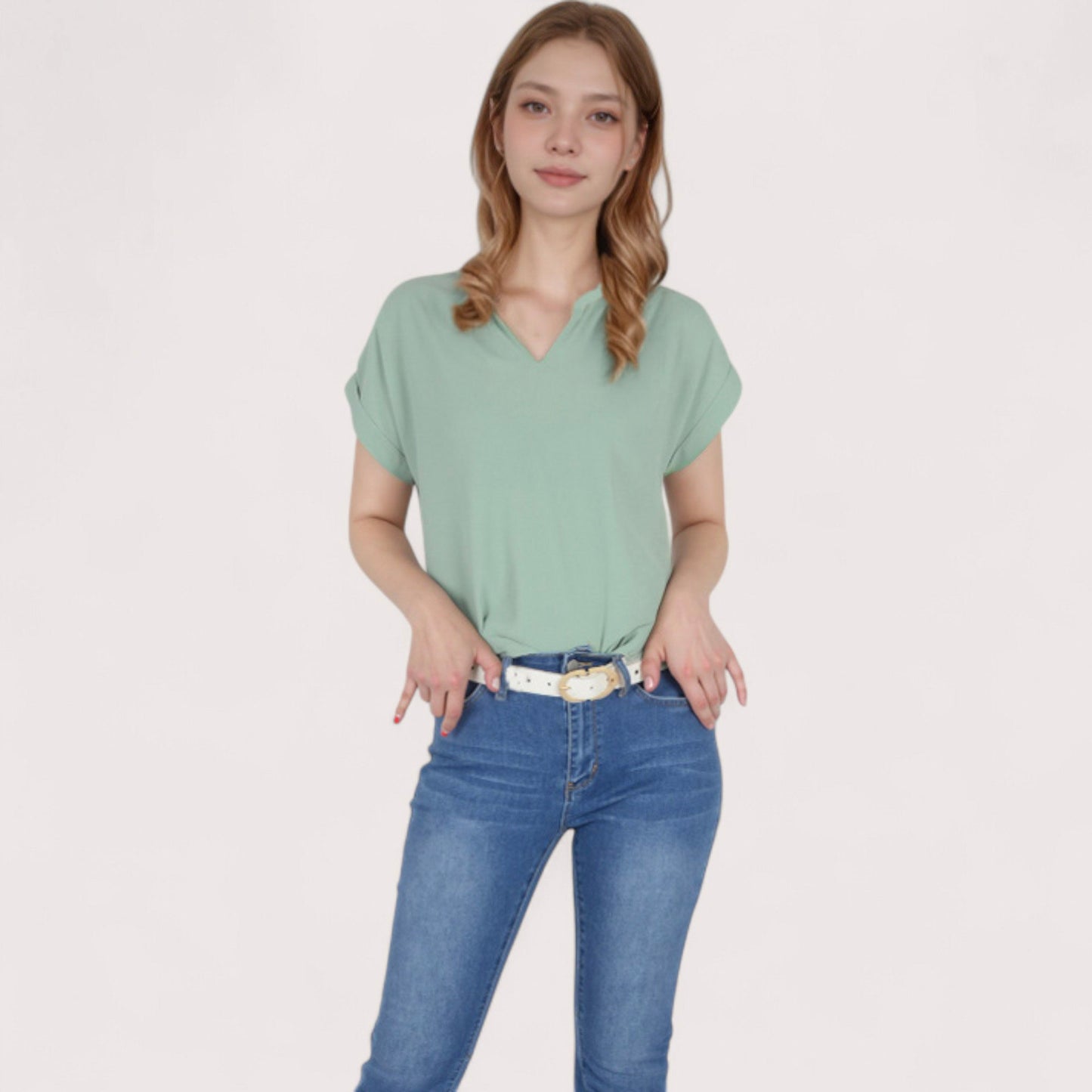 Anna-Kaci Women's V-Neck Short Sleeve Blouse with Rolled Cuffs and Soft Pleated Collar Detail - Small, Green