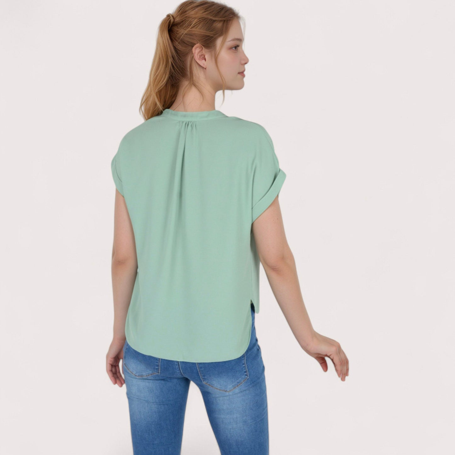 Anna-Kaci Women's V-Neck Short Sleeve Blouse with Rolled Cuffs and Soft Pleated Collar Detail - Small, Green