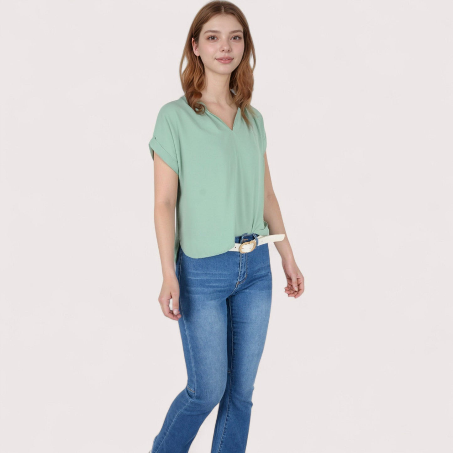 Anna-Kaci Women's V-Neck Short Sleeve Blouse with Rolled Cuffs and Soft Pleated Collar Detail - Small, Green
