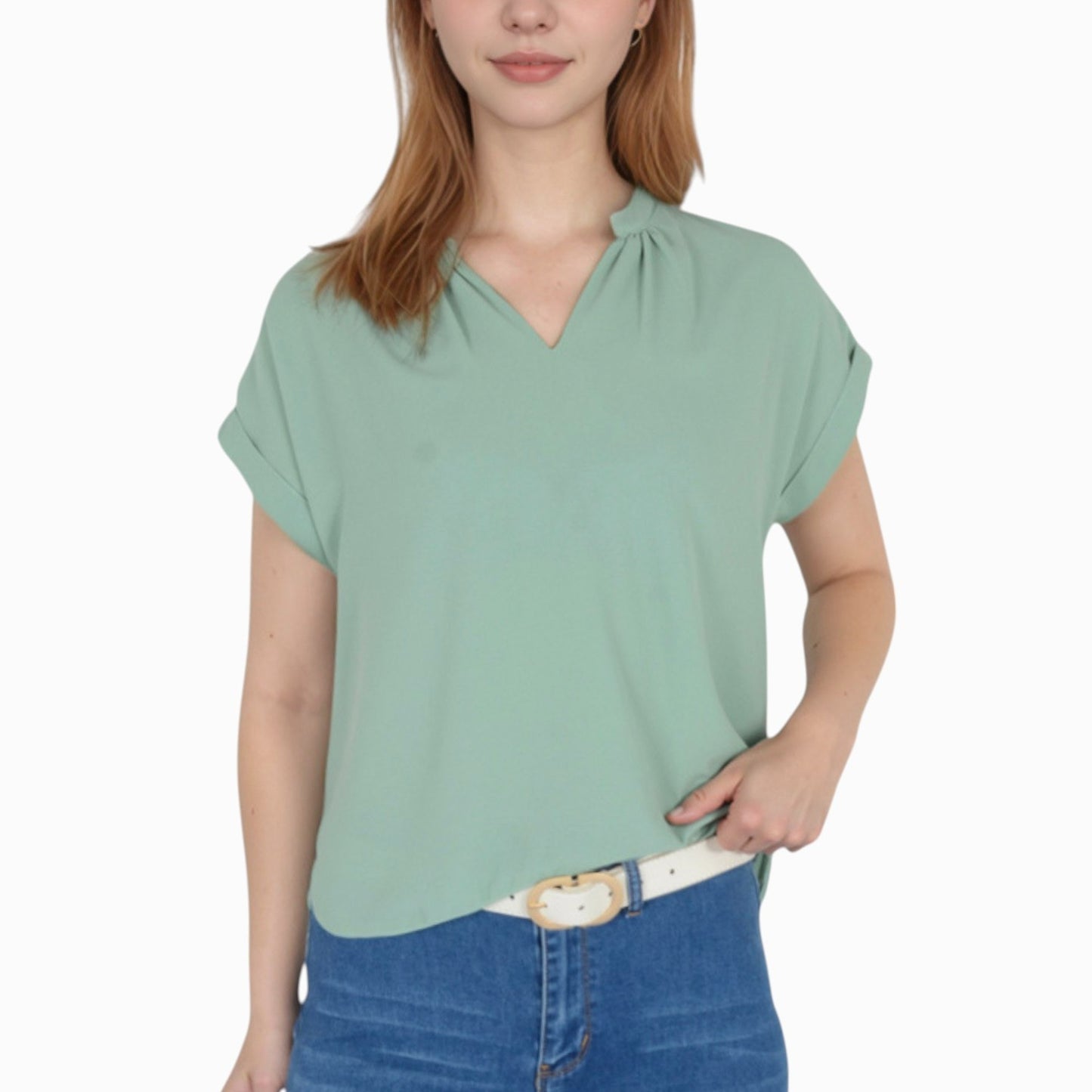 Anna-Kaci Women's V-Neck Short Sleeve Blouse with Rolled Cuffs and Soft Pleated Collar Detail - Small, Green