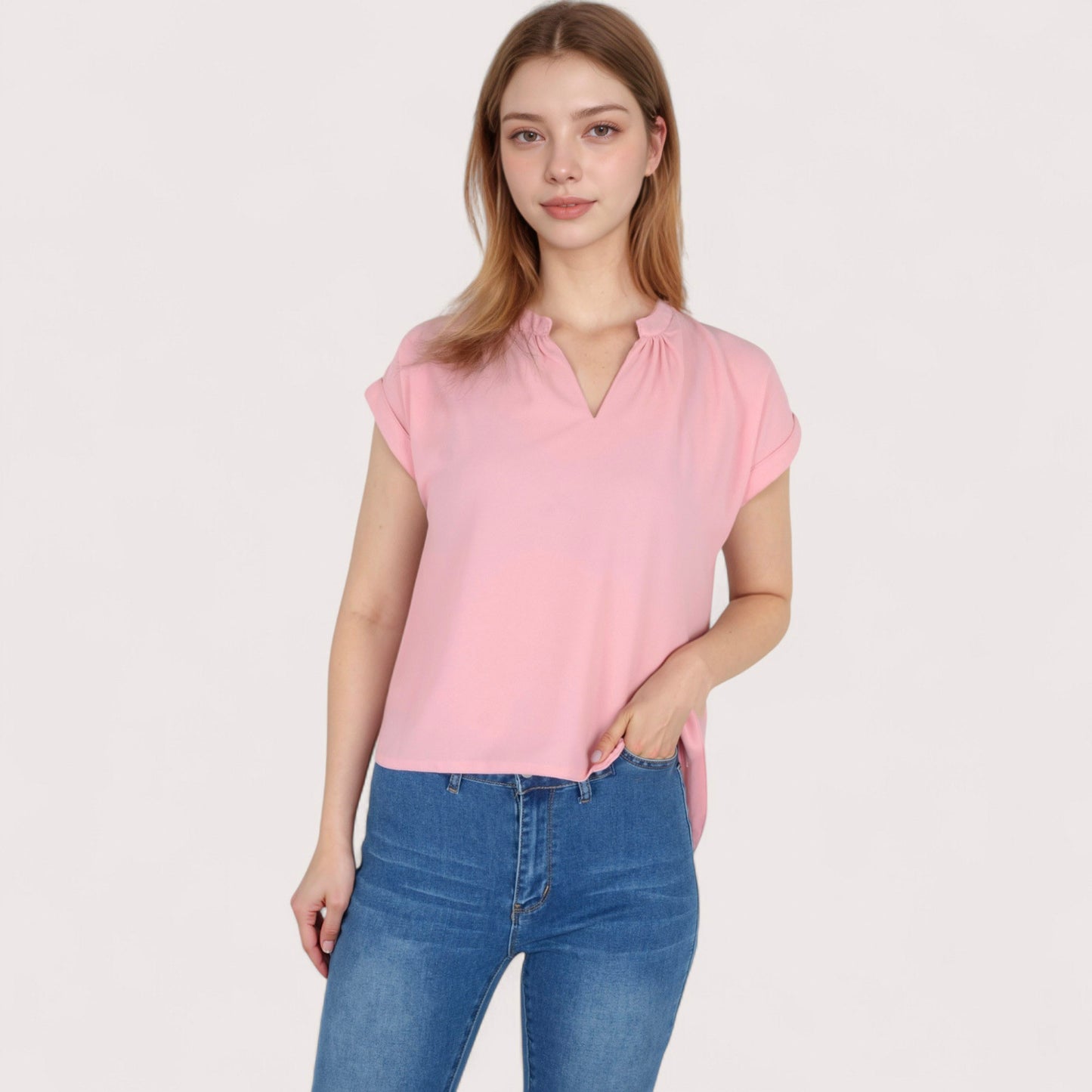 Anna-Kaci Women's V-Neck Short Sleeve Blouse with Rolled Cuffs and Soft Pleated Collar Detail - Small, Green