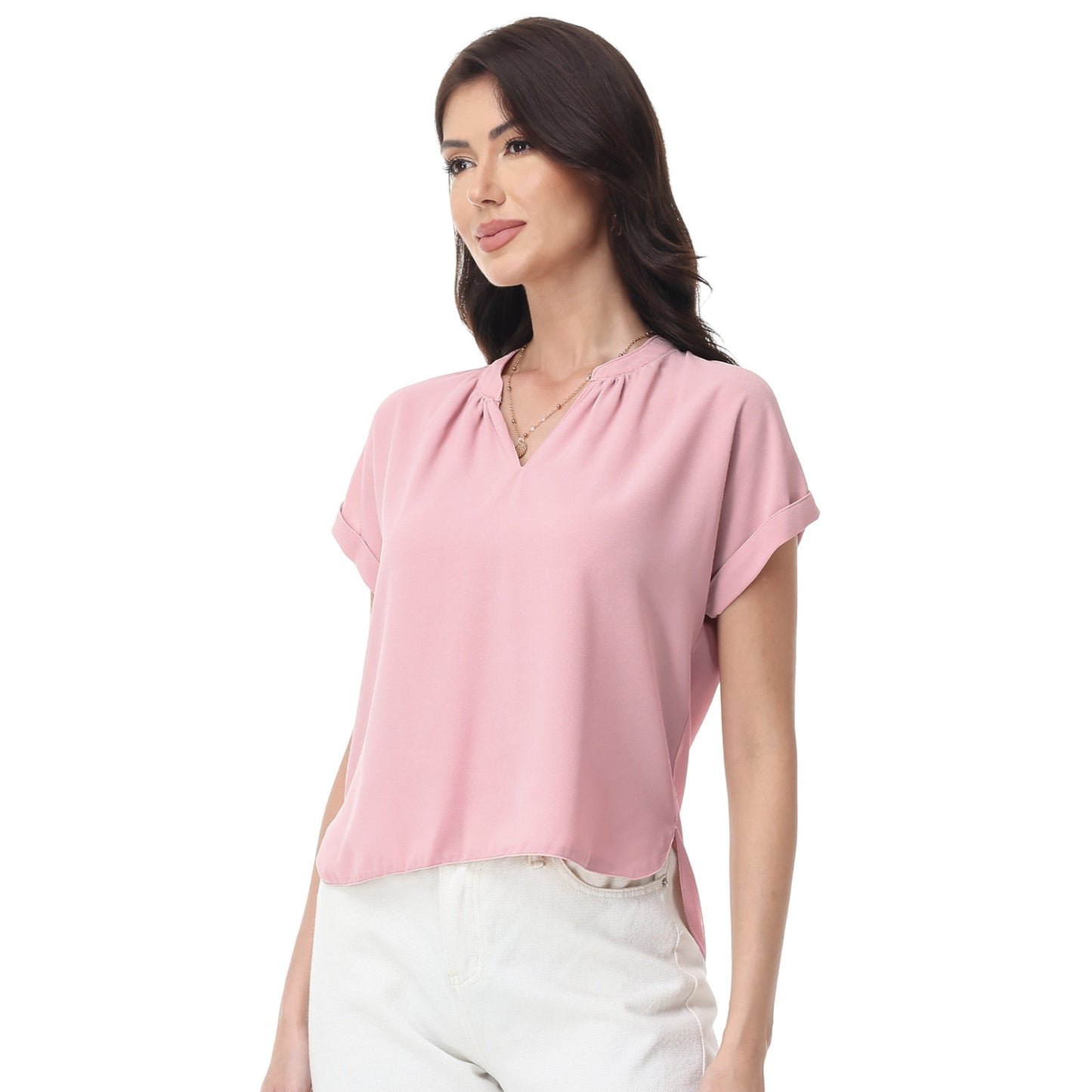 Anna-Kaci Women's Short Sleeve Blouse with Gathered V-Neckline and Rolled Cuffs