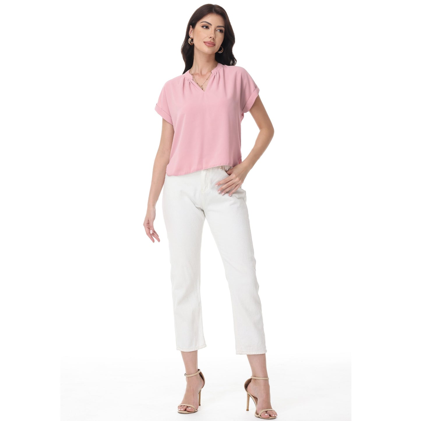 Anna-Kaci Women's Short Sleeve Blouse with Gathered V-Neckline and Rolled Cuffs