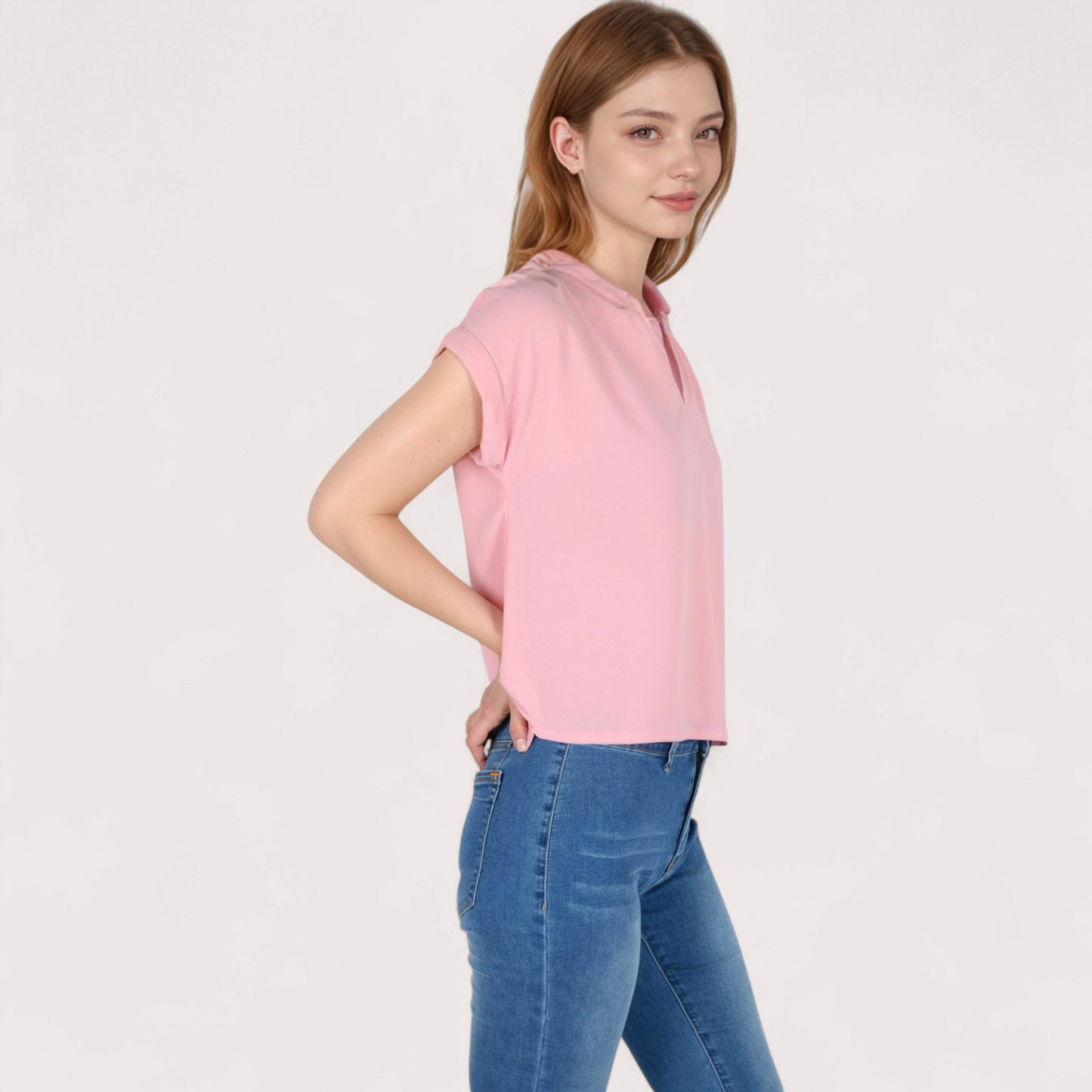 Anna-Kaci Women's V-Neck Short Sleeve Blouse with Rolled Cuffs and Soft Pleated Collar Detail - Small, Green