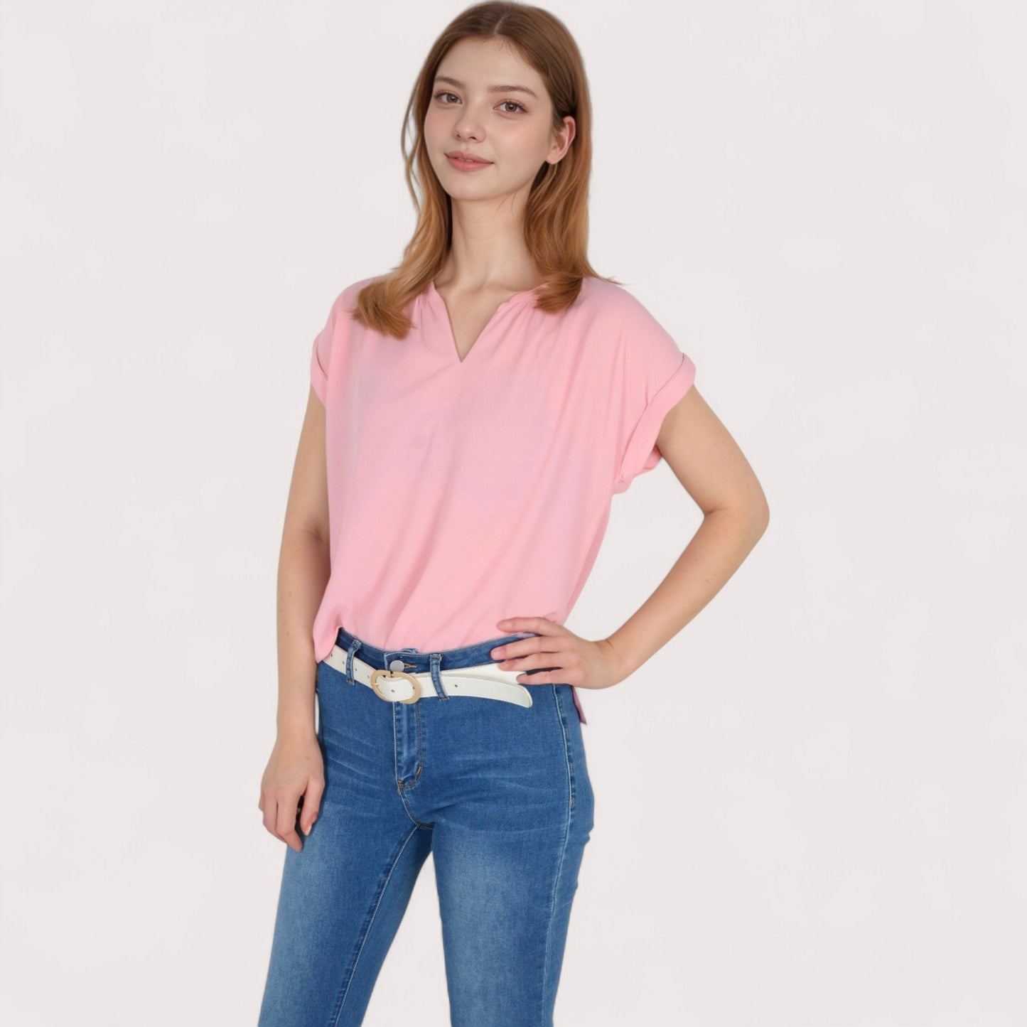 Anna-Kaci Women's V-Neck Short Sleeve Blouse with Rolled Cuffs and Soft Pleated Collar Detail - Small, Green