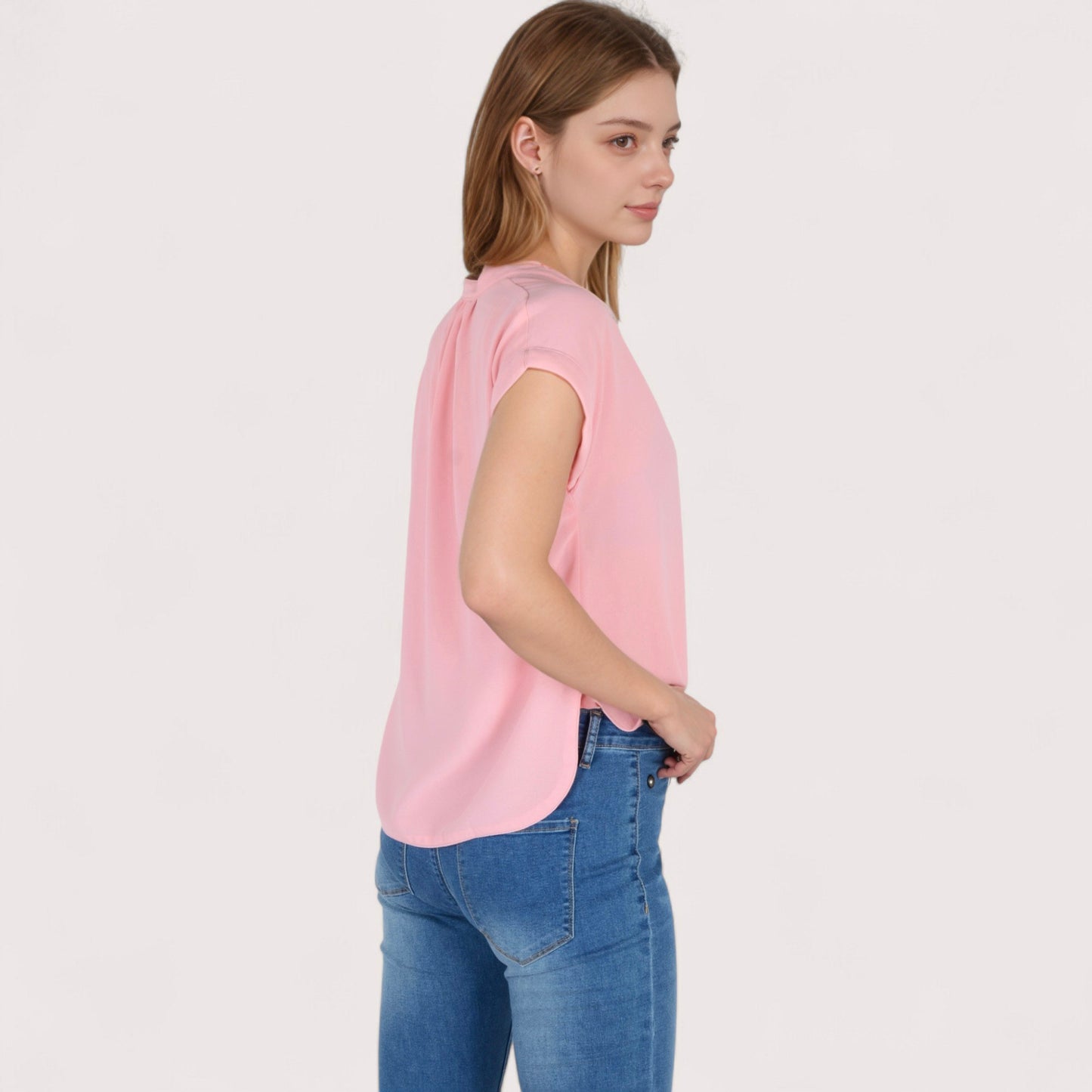 Anna-Kaci Women's V-Neck Short Sleeve Blouse with Rolled Cuffs and Soft Pleated Collar Detail - Small, Green
