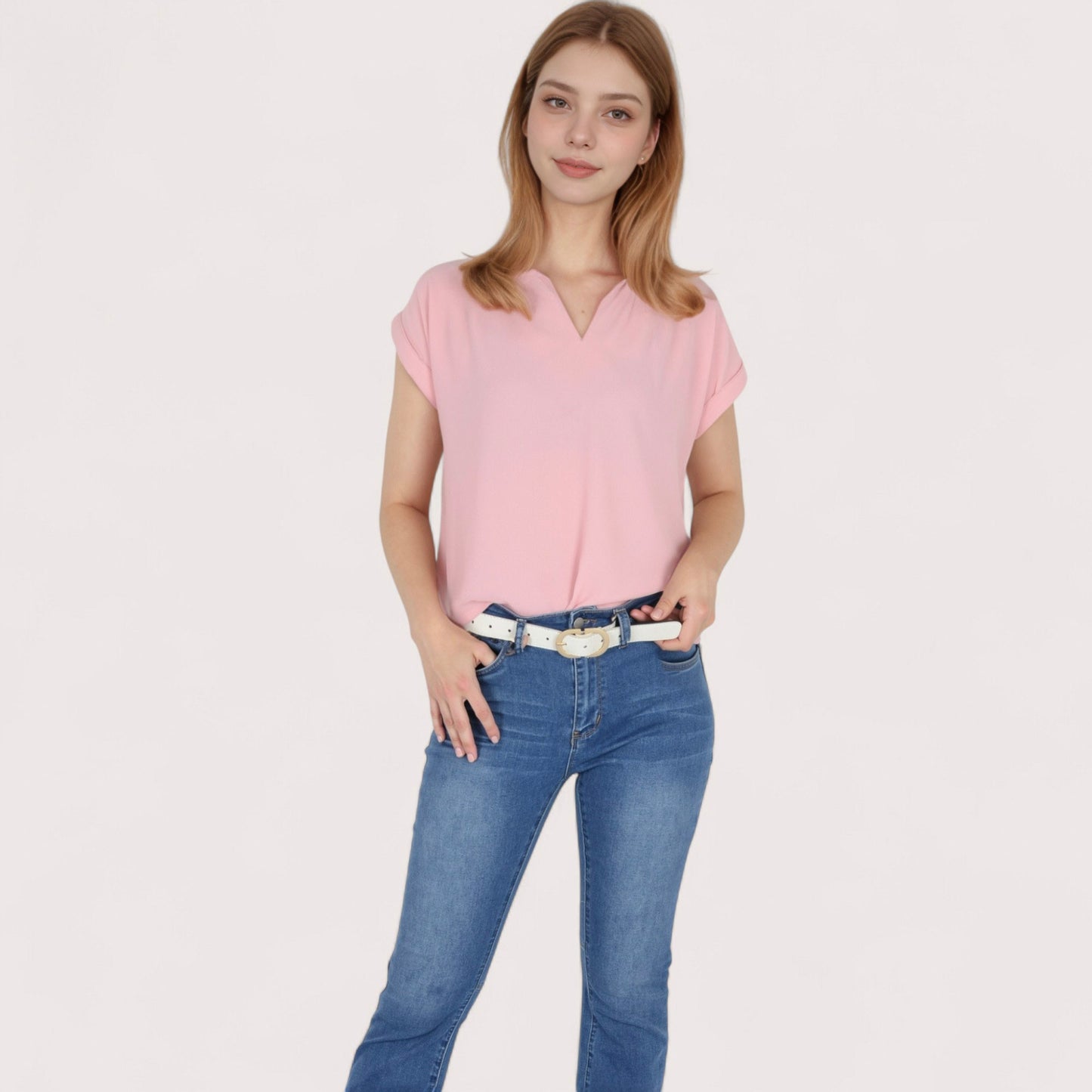 Anna-Kaci Women's V-Neck Short Sleeve Blouse with Rolled Cuffs and Soft Pleated Collar Detail - Small, Green