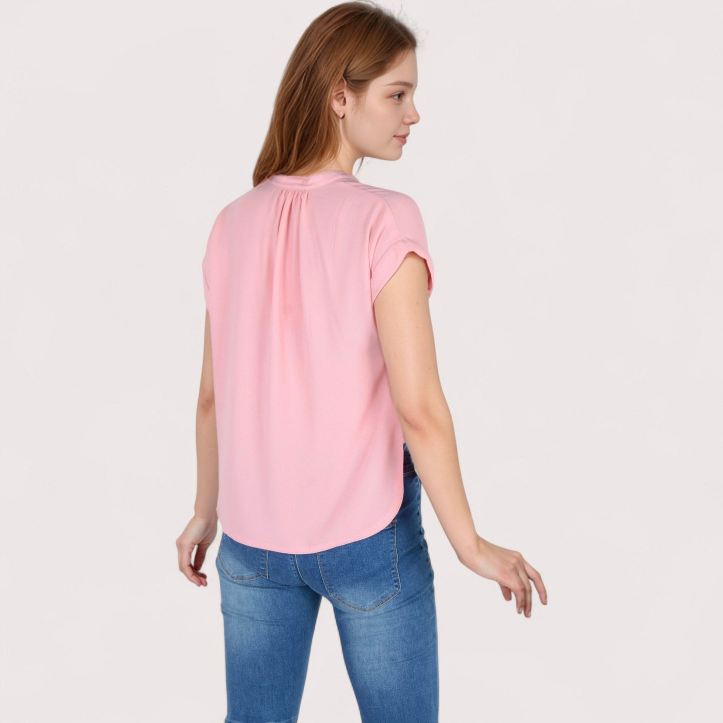 Anna-Kaci Women's V-Neck Short Sleeve Blouse with Rolled Cuffs and Soft Pleated Collar Detail - Small, Green