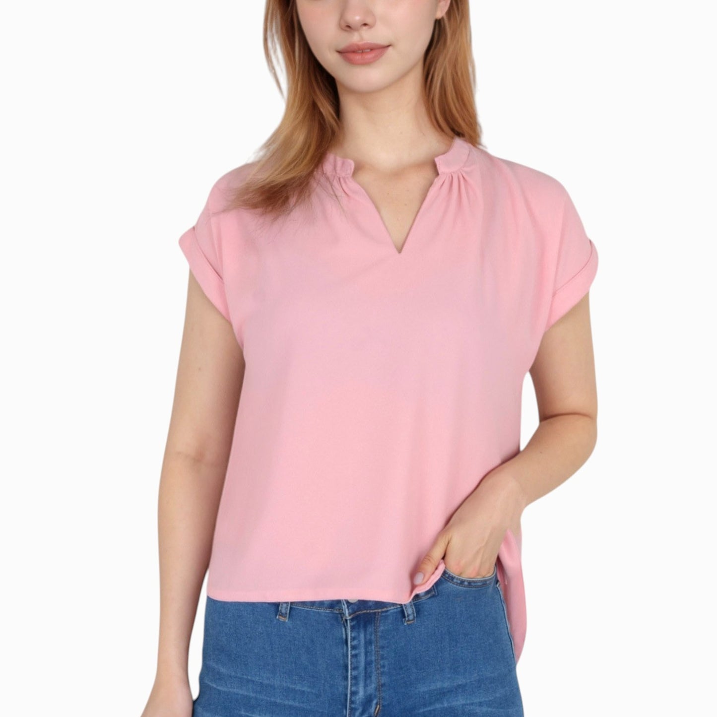 Anna-Kaci Women's V-Neck Short Sleeve Blouse with Rolled Cuffs and Soft Pleated Collar Detail - Small, Green