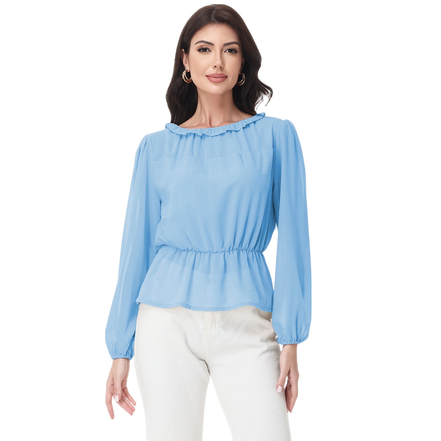 Anna-Kaci Women's Long Sleeve Blouse with Ruffle Neckline and Cinched Waist Detail