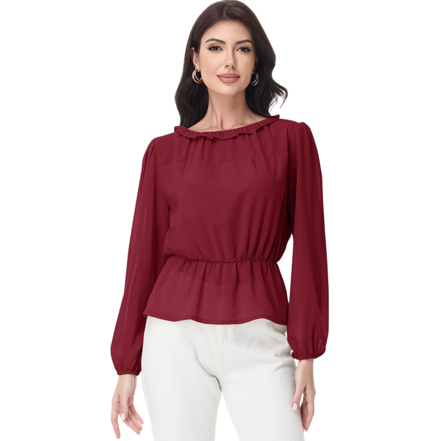 Anna-Kaci Women's Long Sleeve Blouse with Ruffle Neckline and Cinched Waist Detail