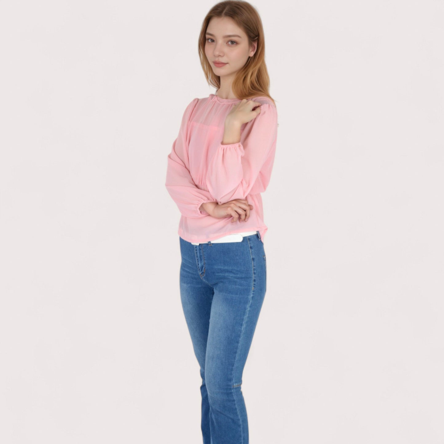 Anna-Kaci Women's Sheer Yoke Long Sleeve Blouse with Ruffle Neckline and Cinched Waist Detail - Small, Green