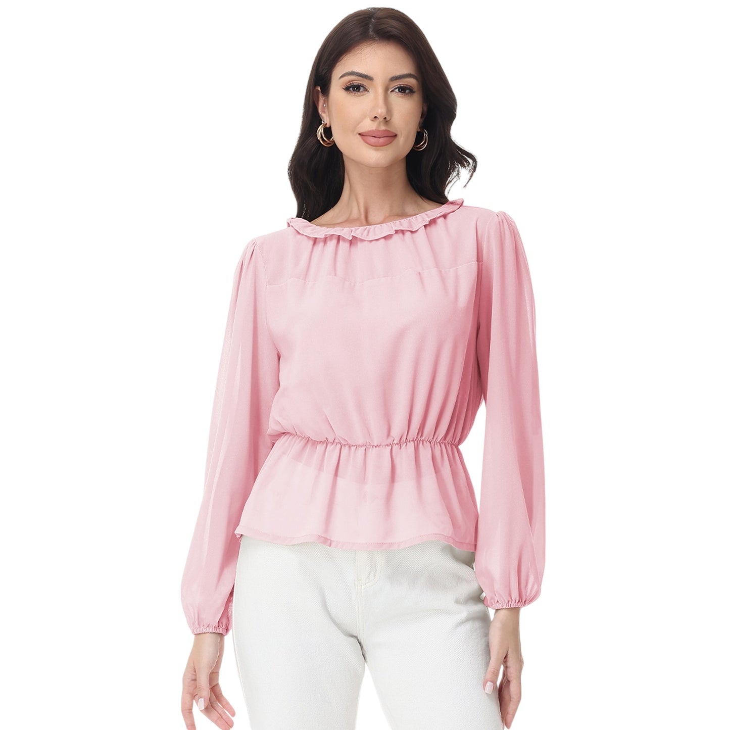 Anna-Kaci Women's Long Sleeve Blouse with Ruffle Neckline and Cinched Waist Detail