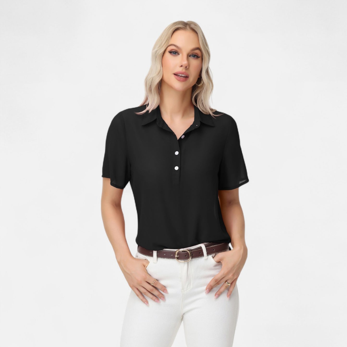 Anna-Kaci Women's Short Sleeve Collared Blouse with Button Placket and Relaxed Fit Design