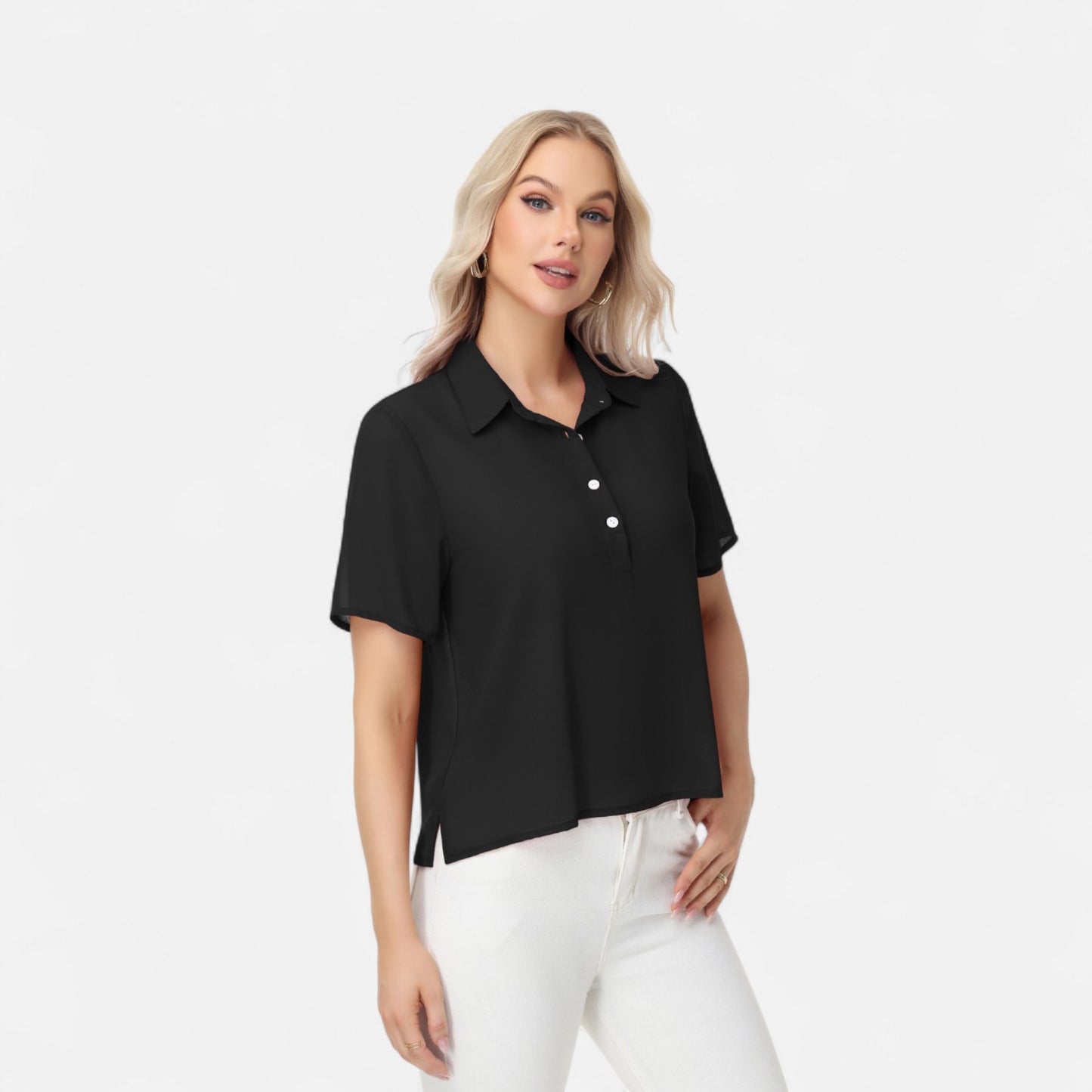 Anna-Kaci Women's Short Sleeve Collared Blouse with Button Placket and Relaxed Fit Design