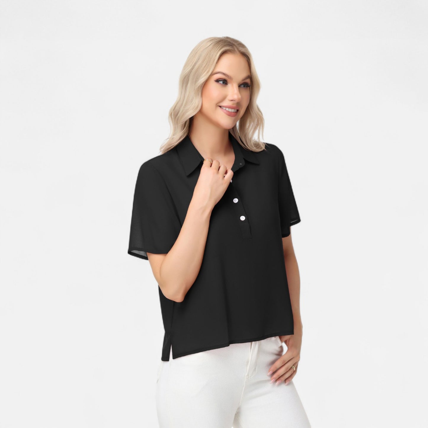 Anna-Kaci Women's Short Sleeve Collared Blouse with Button Placket and Relaxed Fit Design