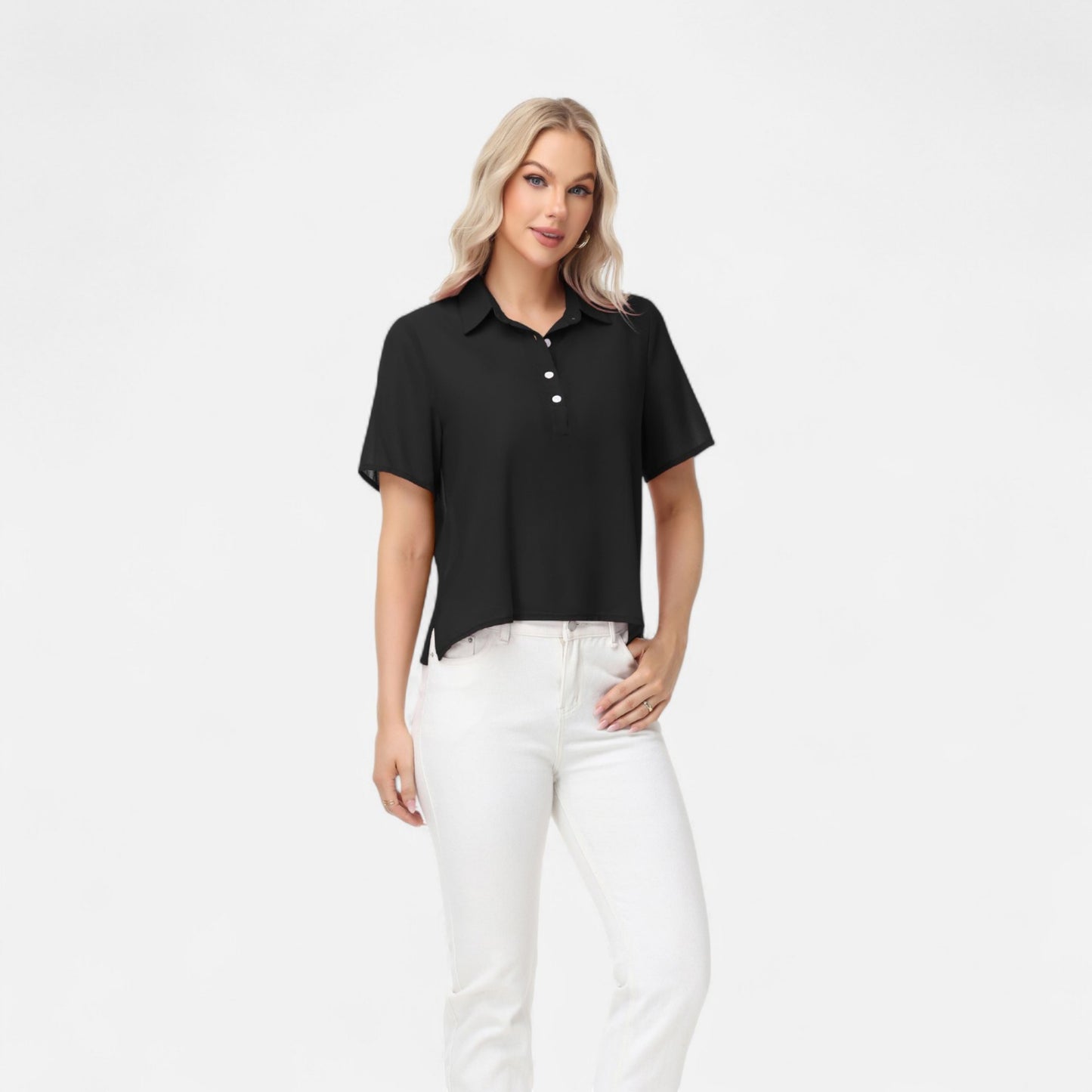 Anna-Kaci Women's Short Sleeve Collared Blouse with Button Placket and Relaxed Fit Design