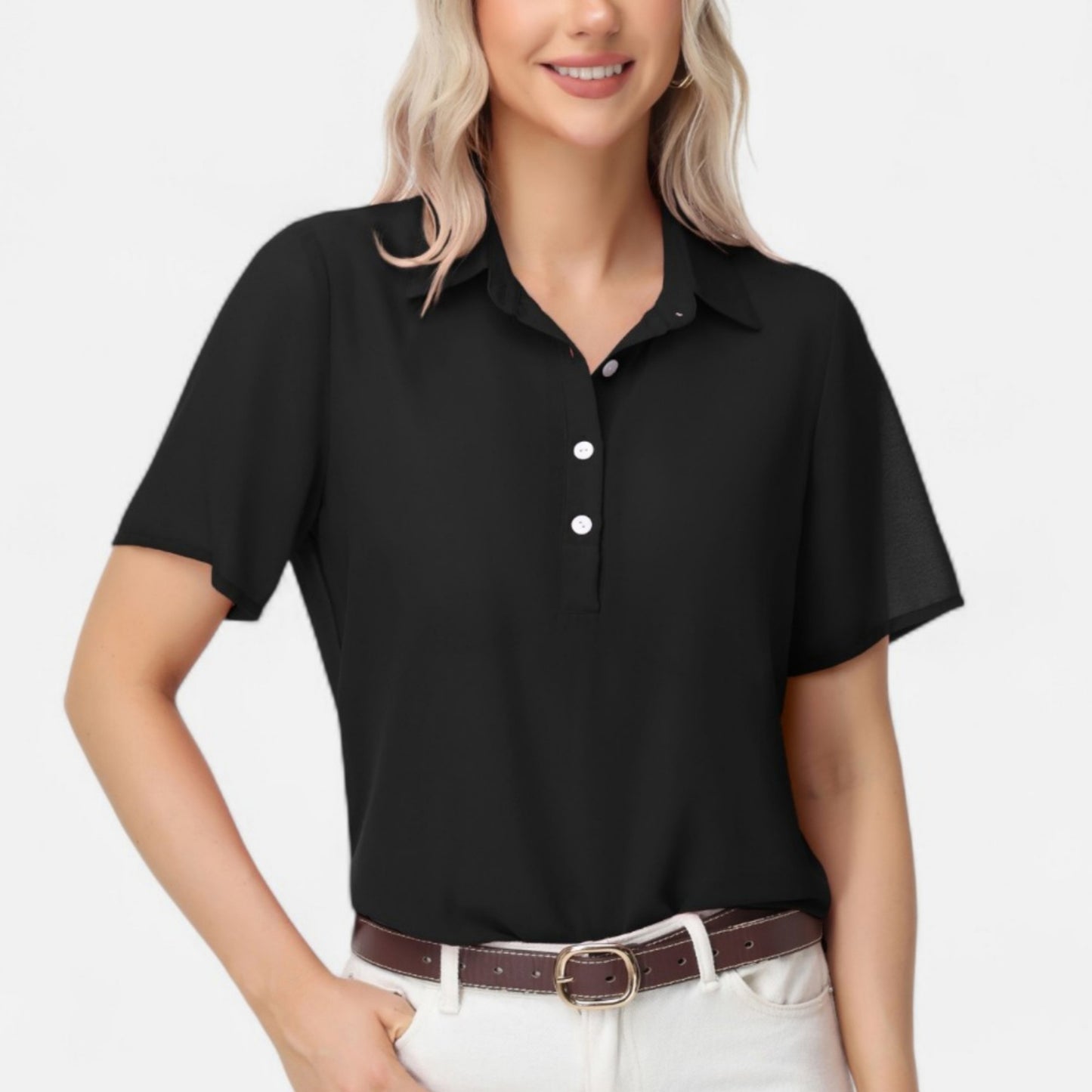 Anna-Kaci Women's Short Sleeve Collared Blouse with Button Placket and Relaxed Fit Design