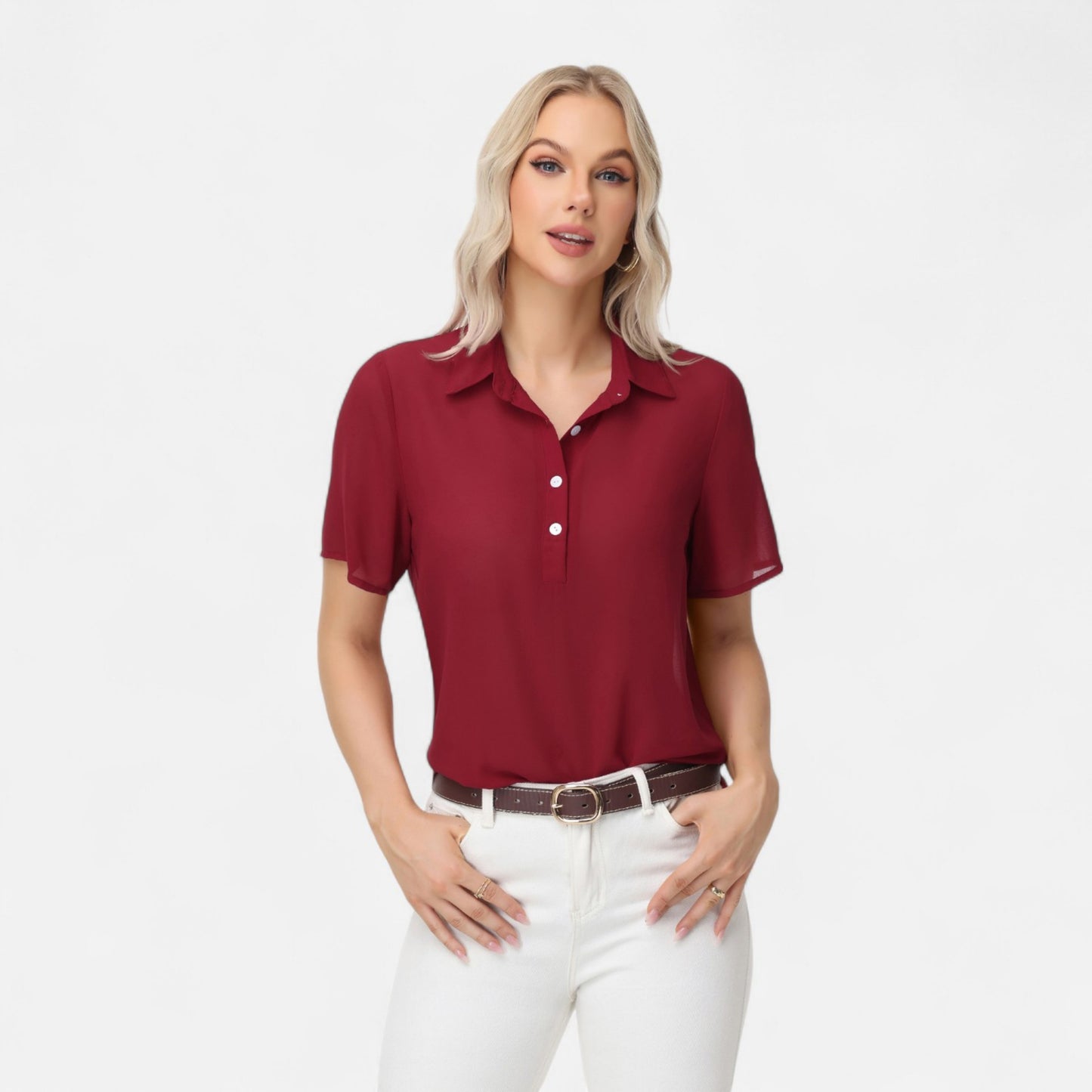 Anna-Kaci Women's Short Sleeve Collared Blouse with Button Placket and Relaxed Fit Design