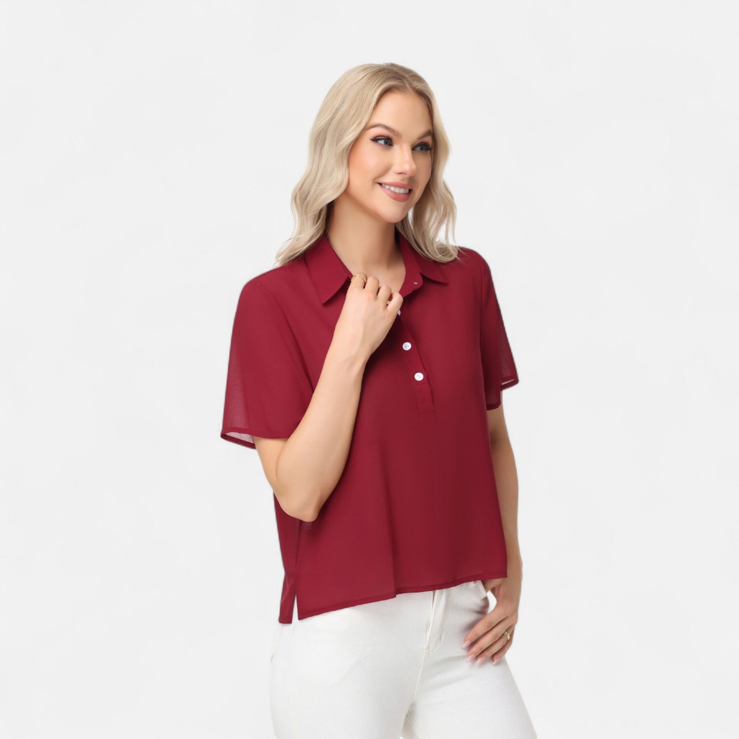 Anna-Kaci Women's Short Sleeve Collared Blouse with Button Placket and Relaxed Fit Design