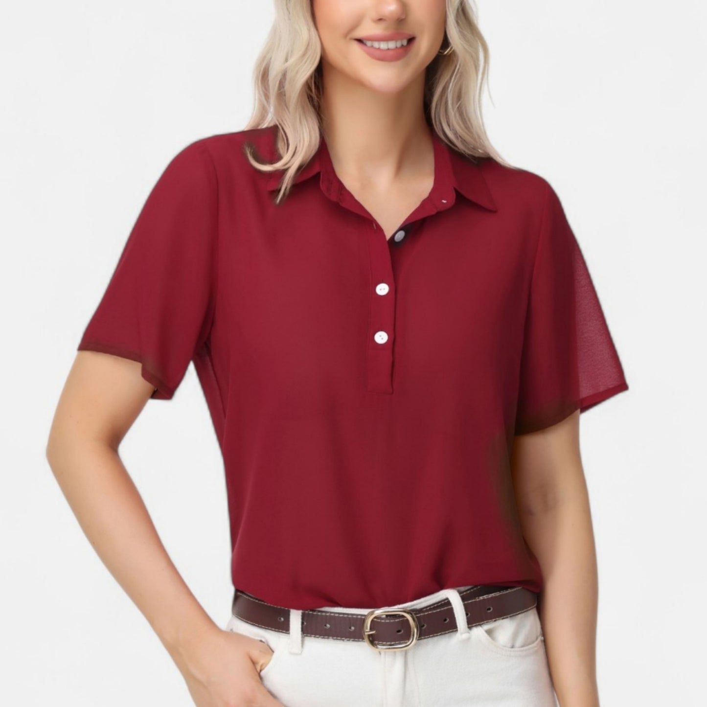 Anna-Kaci Women's Short Sleeve Collared Blouse with Button Placket and Relaxed Fit Design