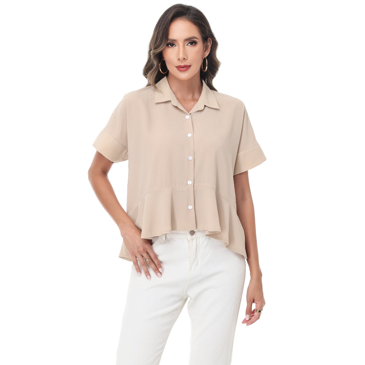 Anna-Kaci Women's Short Sleeve Button-Up Blouse with Peplum Hem and Classic Collar