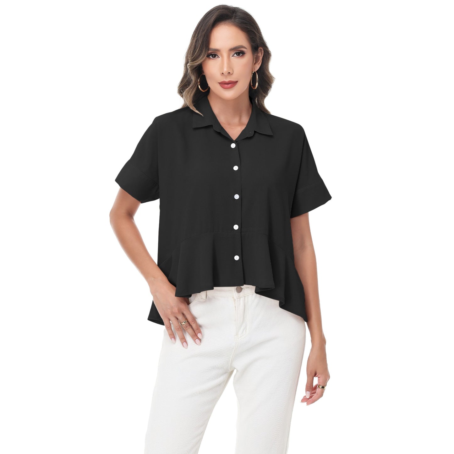 Anna-Kaci Women's Short Sleeve Button-Up Blouse with Peplum Hem and Classic Collar