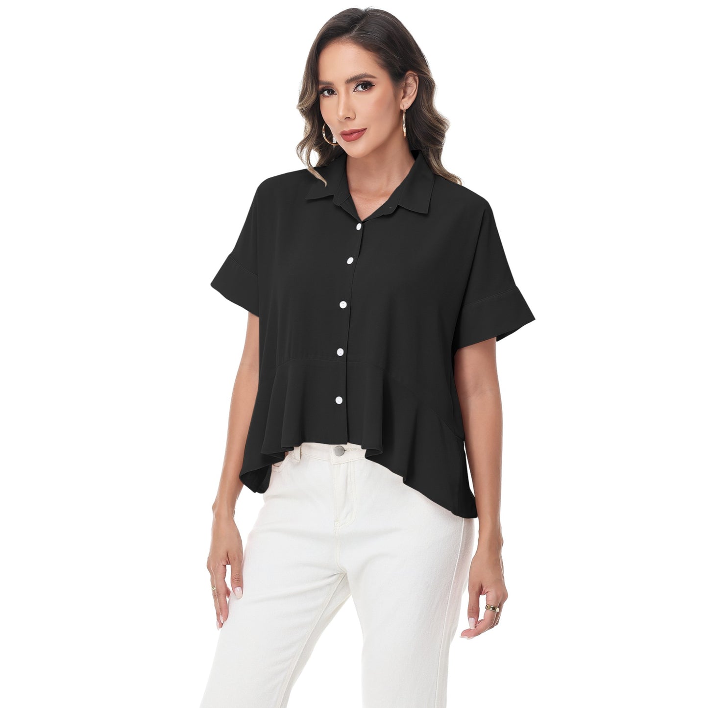 Anna-Kaci Women's Short Sleeve Button-Up Blouse with Peplum Hem and Classic Collar