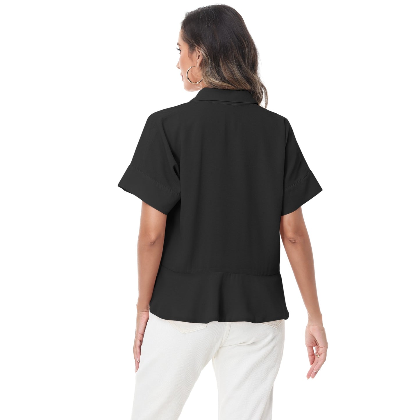 Anna-Kaci Women's Short Sleeve Button-Up Blouse with Peplum Hem and Classic Collar