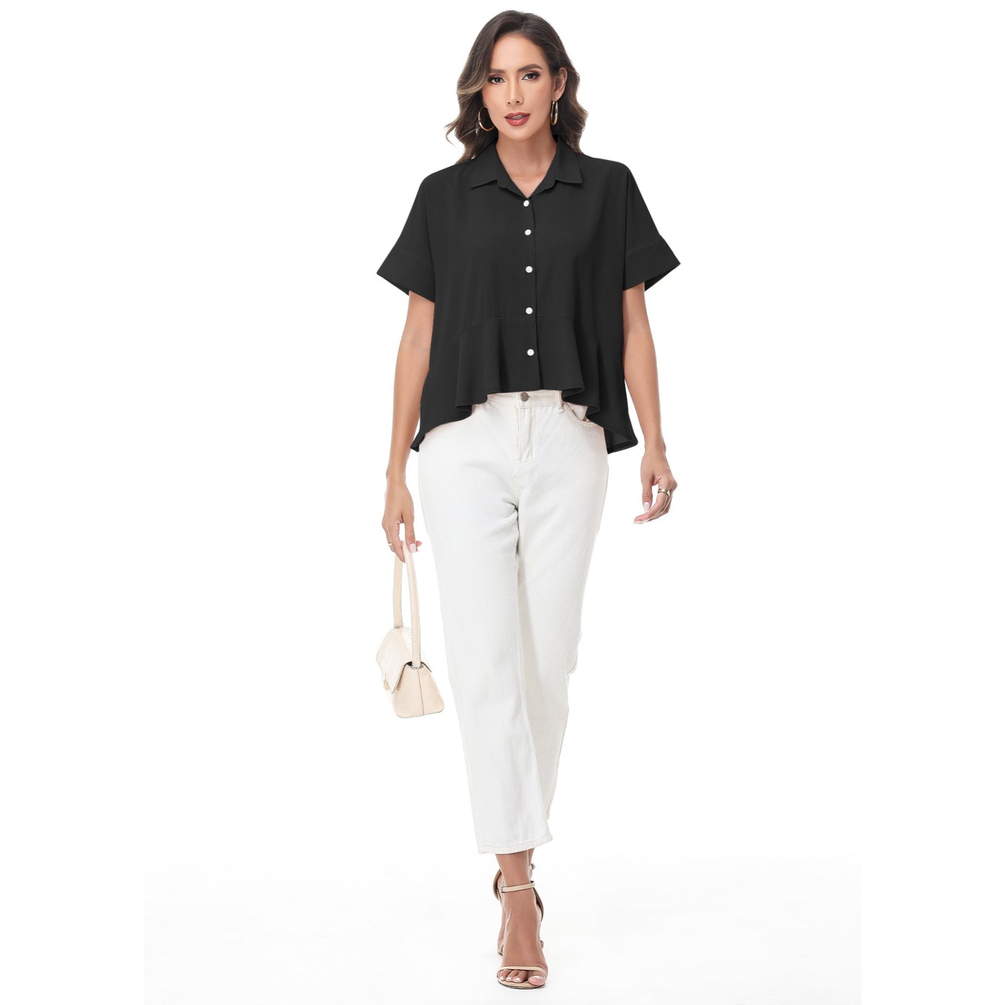Anna-Kaci Women's Short Sleeve Button-Up Blouse with Peplum Hem and Classic Collar