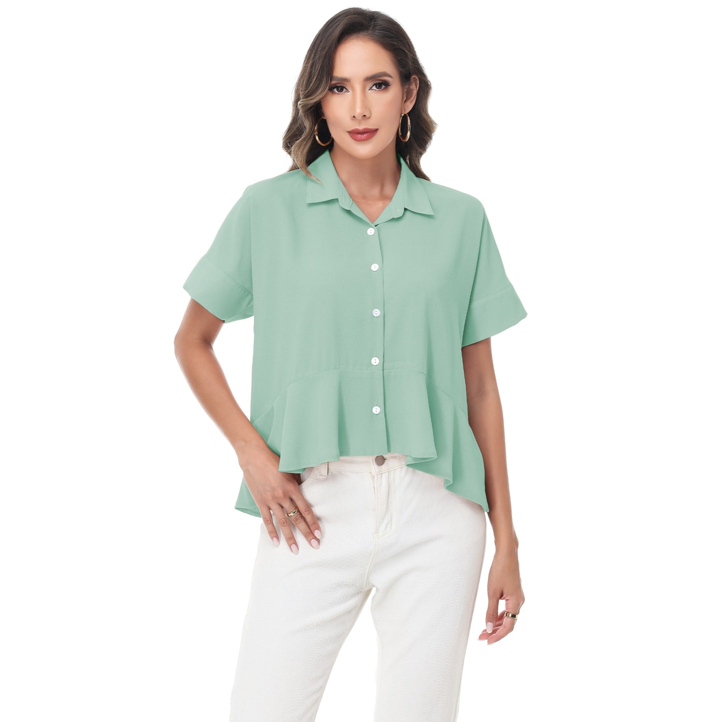 Anna-Kaci Women's Short Sleeve Button-Up Blouse with Peplum Hem and Classic Collar
