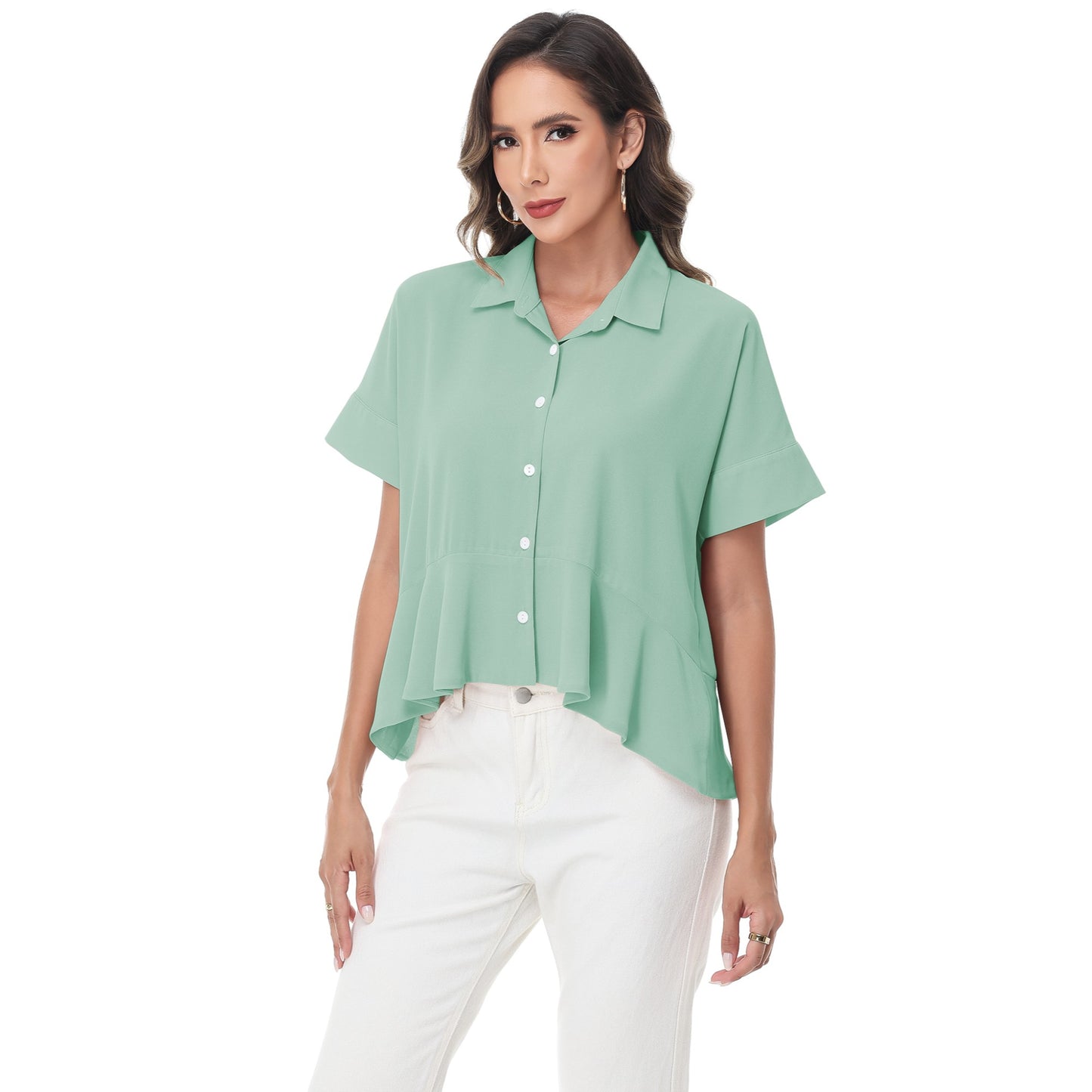 Anna-Kaci Women's Short Sleeve Button-Up Blouse with Peplum Hem and Classic Collar