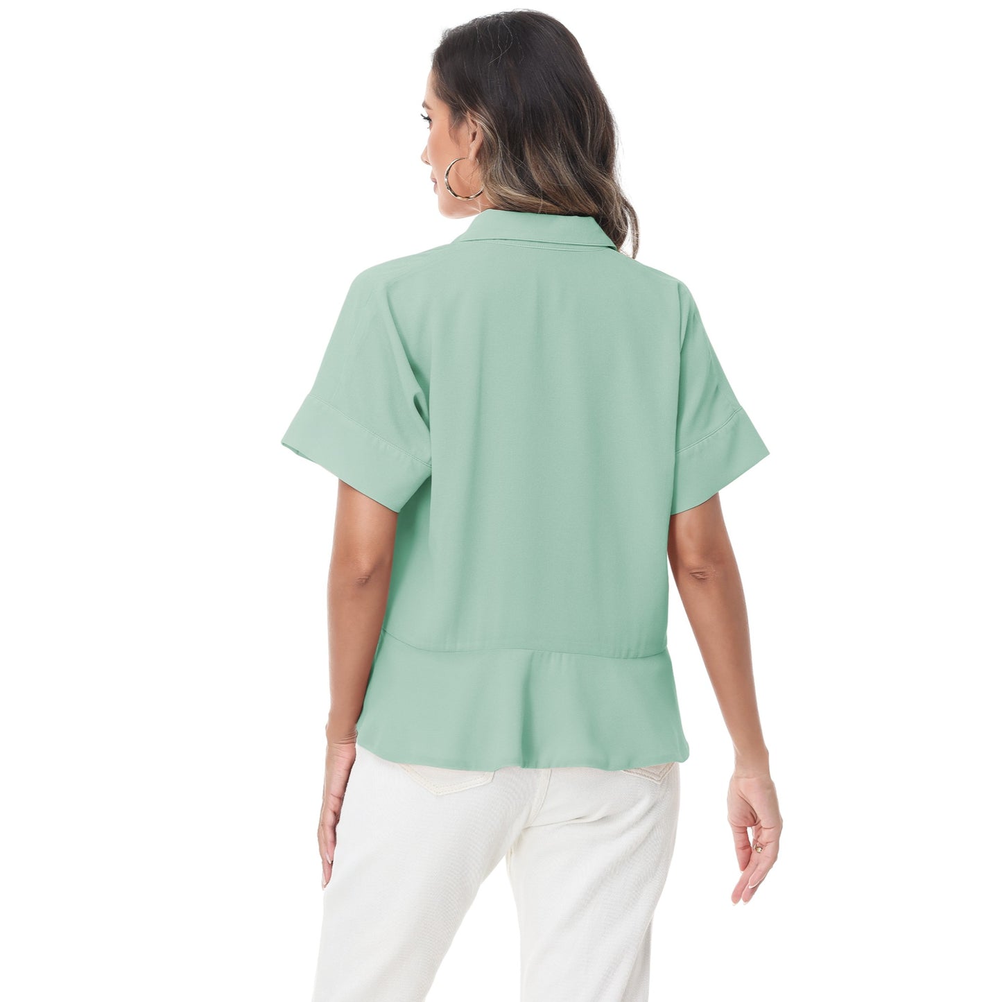 Anna-Kaci Women's Short Sleeve Button-Up Blouse with Peplum Hem and Classic Collar