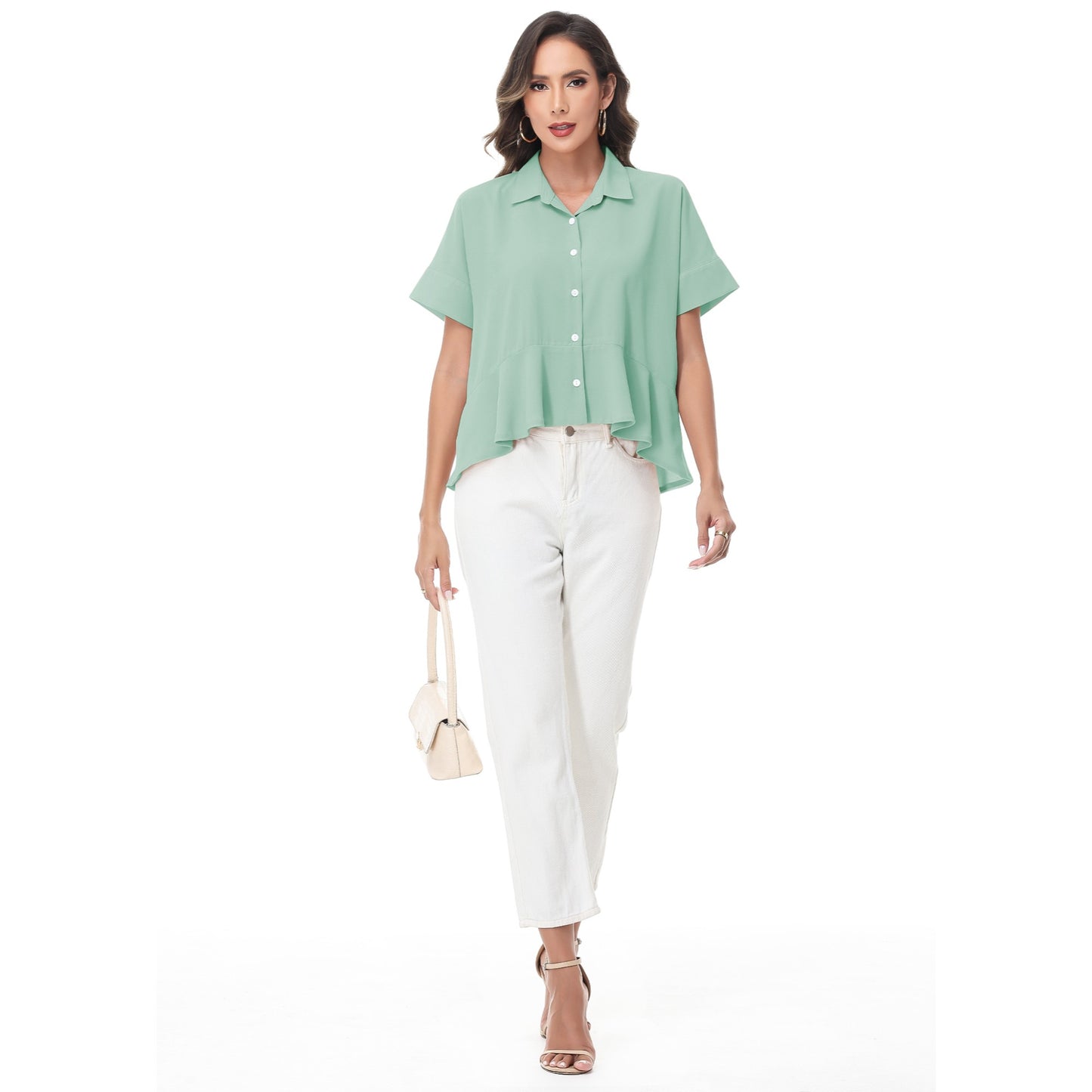 Anna-Kaci Women's Short Sleeve Button-Up Blouse with Peplum Hem and Classic Collar