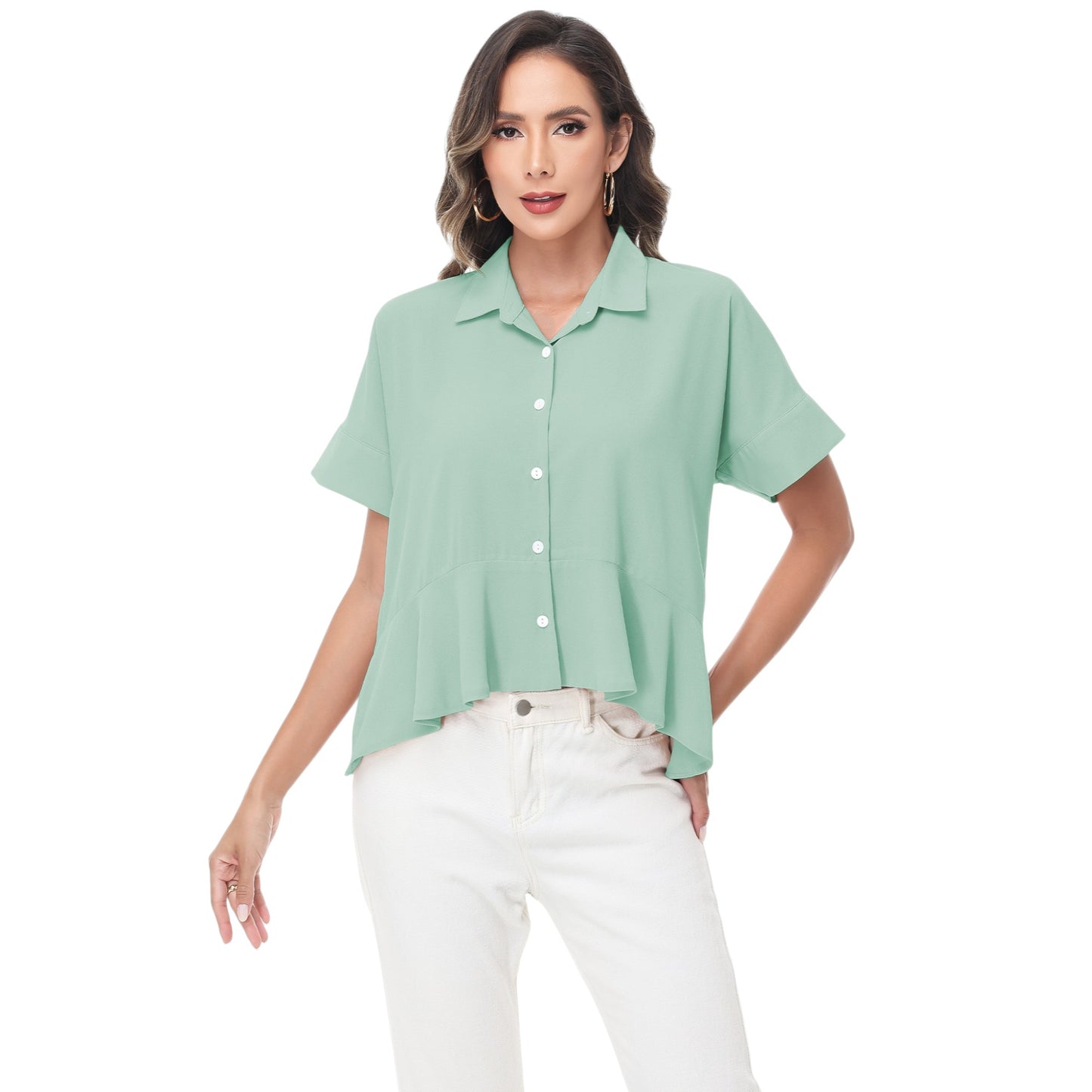 Anna-Kaci Women's Short Sleeve Button-Up Blouse with Peplum Hem and Classic Collar