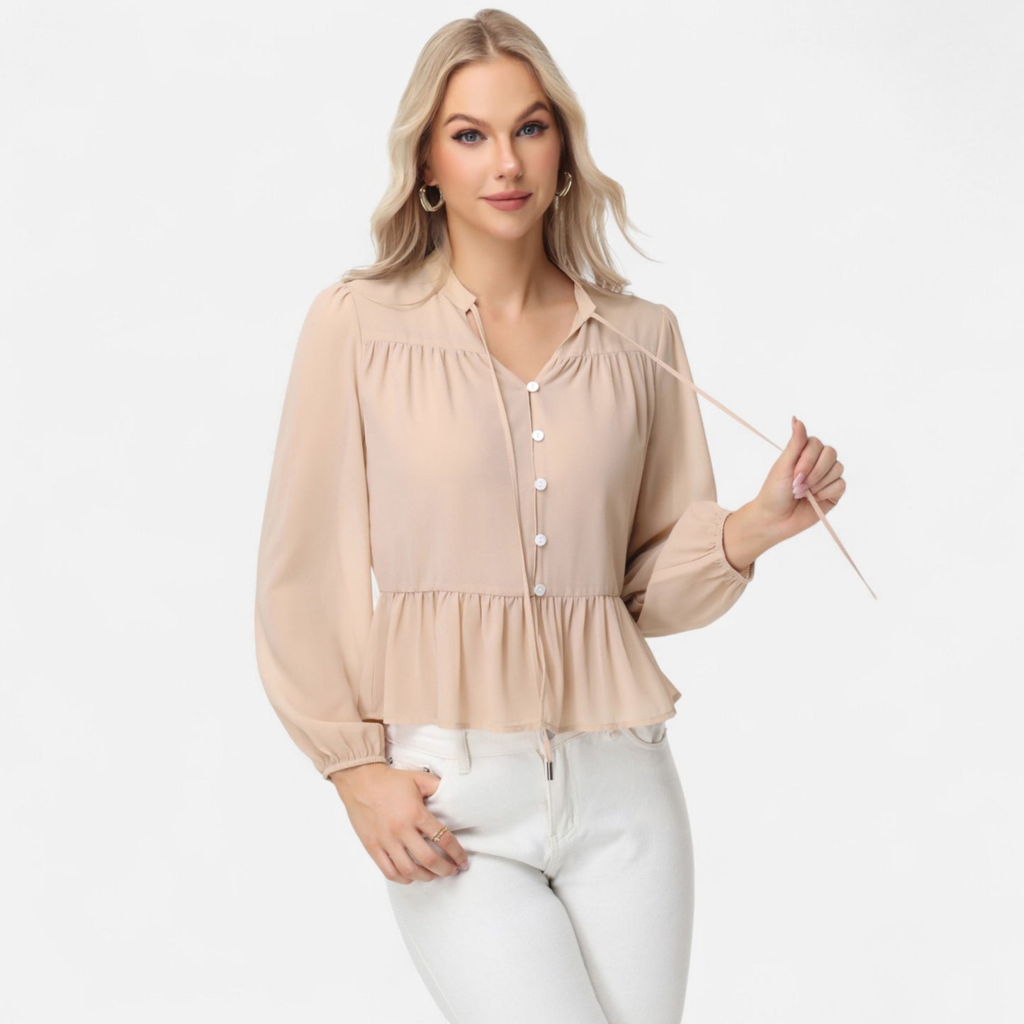 Anna-Kaci Women's Long Sleeve Button Front Peplum Blouse with V-Neckline and Gathered Waist Detail