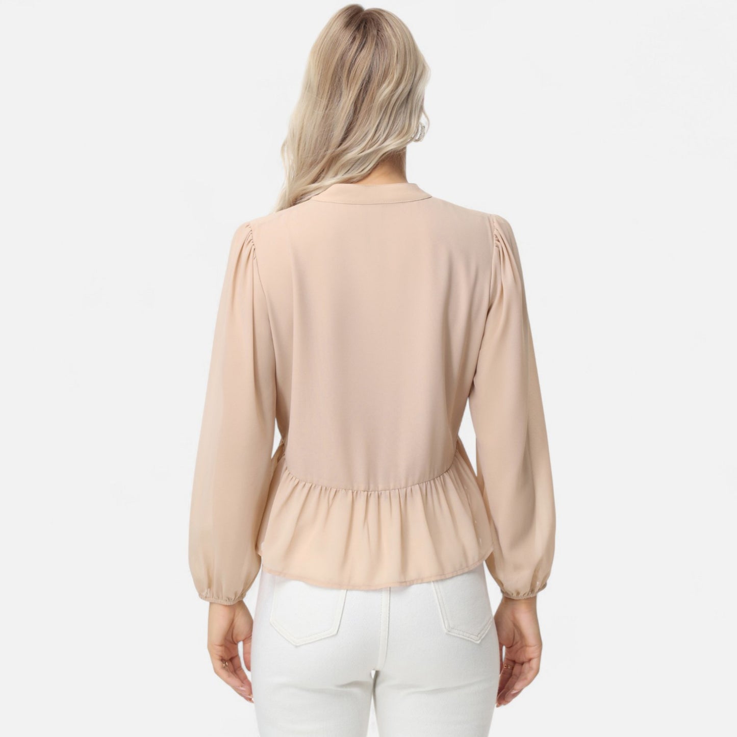 Anna-Kaci Women's Long Sleeve Button Front Peplum Blouse with V-Neckline and Gathered Waist Detail