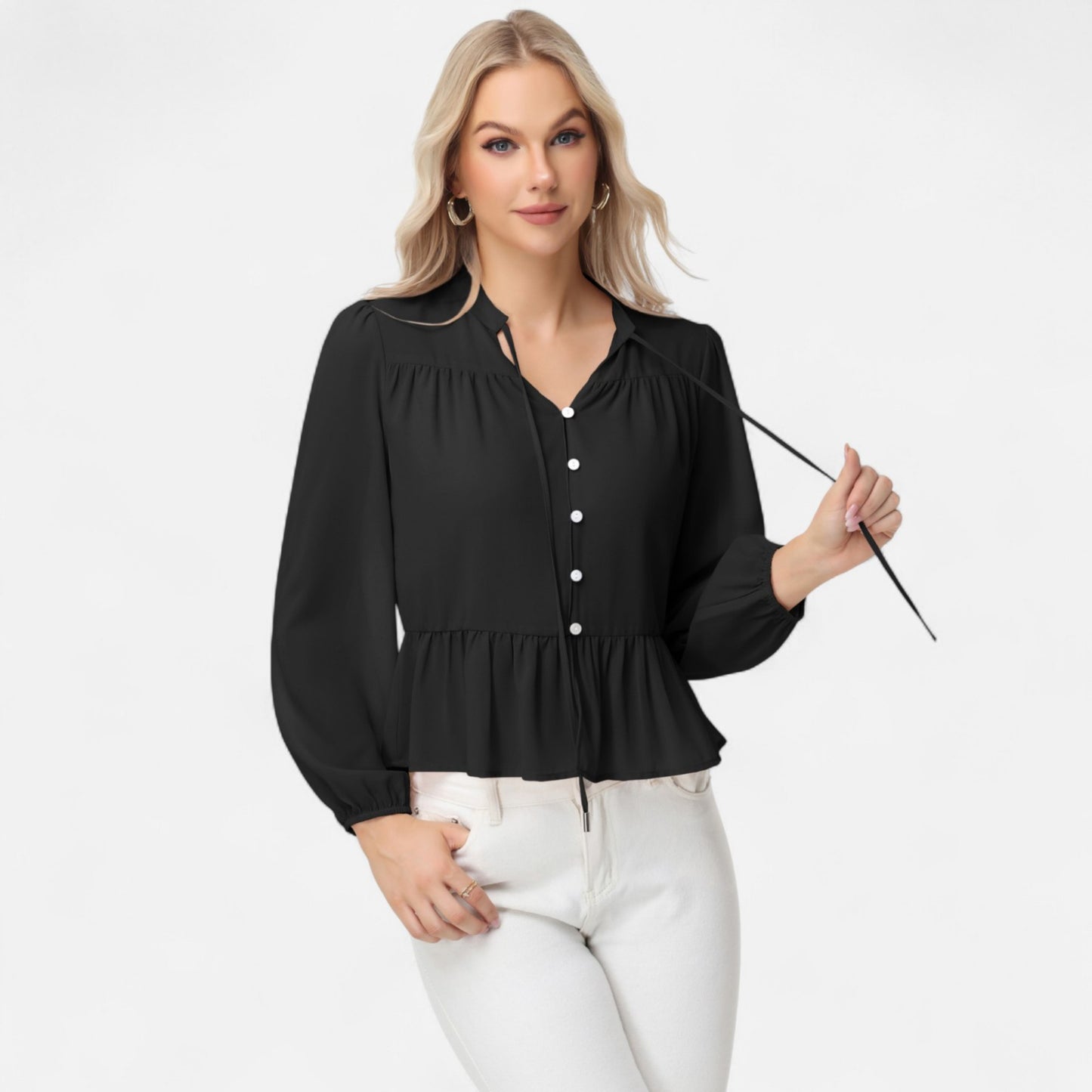 Anna-Kaci Women's Long Sleeve Button Front Peplum Blouse with V-Neckline and Gathered Waist Detail