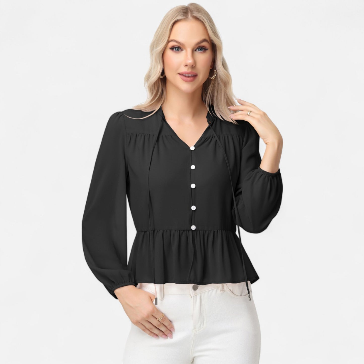 Anna-Kaci Women's Long Sleeve Button Front Peplum Blouse with V-Neckline and Gathered Waist Detail