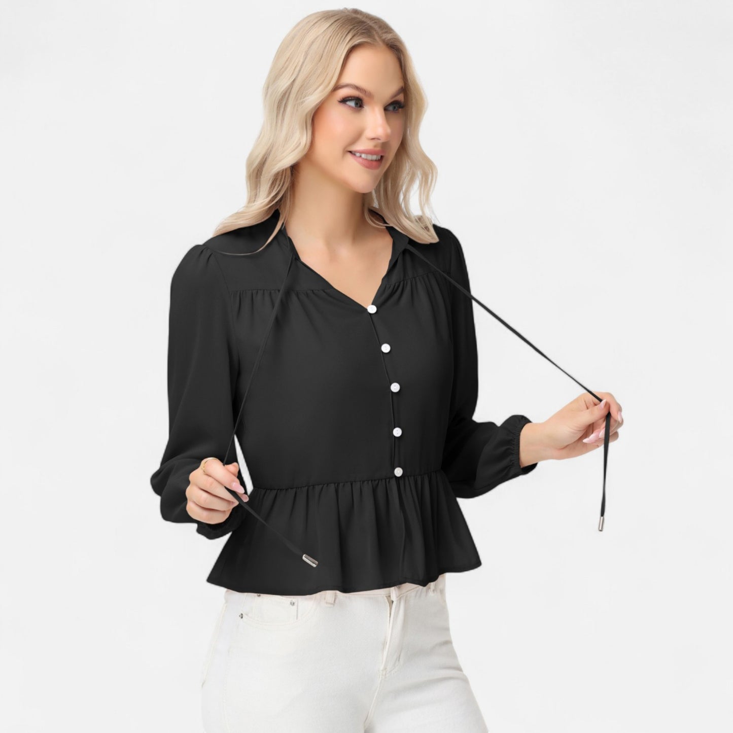 Anna-Kaci Women's Long Sleeve Button Front Peplum Blouse with V-Neckline and Gathered Waist Detail