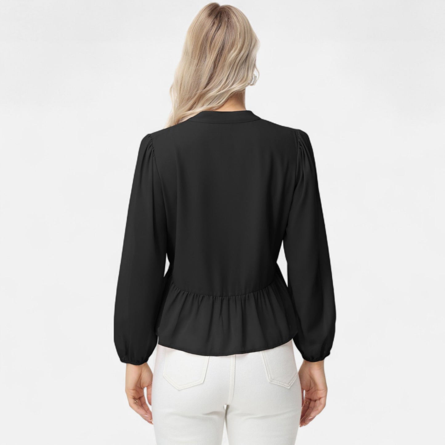 Anna-Kaci Women's Long Sleeve Button Front Peplum Blouse with V-Neckline and Gathered Waist Detail