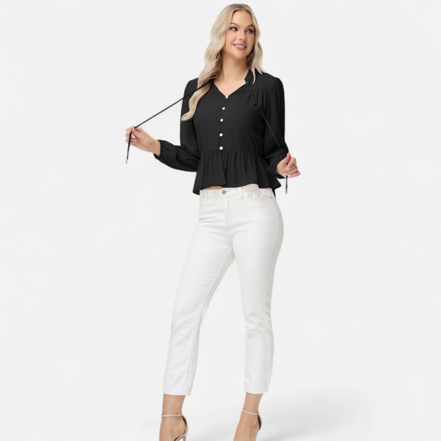 Anna-Kaci Women's Long Sleeve Button Front Peplum Blouse with V-Neckline and Gathered Waist Detail