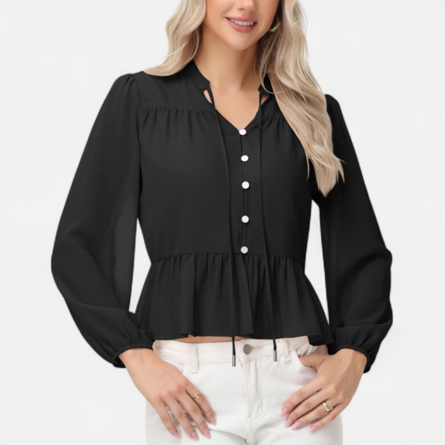 Anna-Kaci Women's Long Sleeve Button Front Peplum Blouse with V-Neckline and Gathered Waist Detail