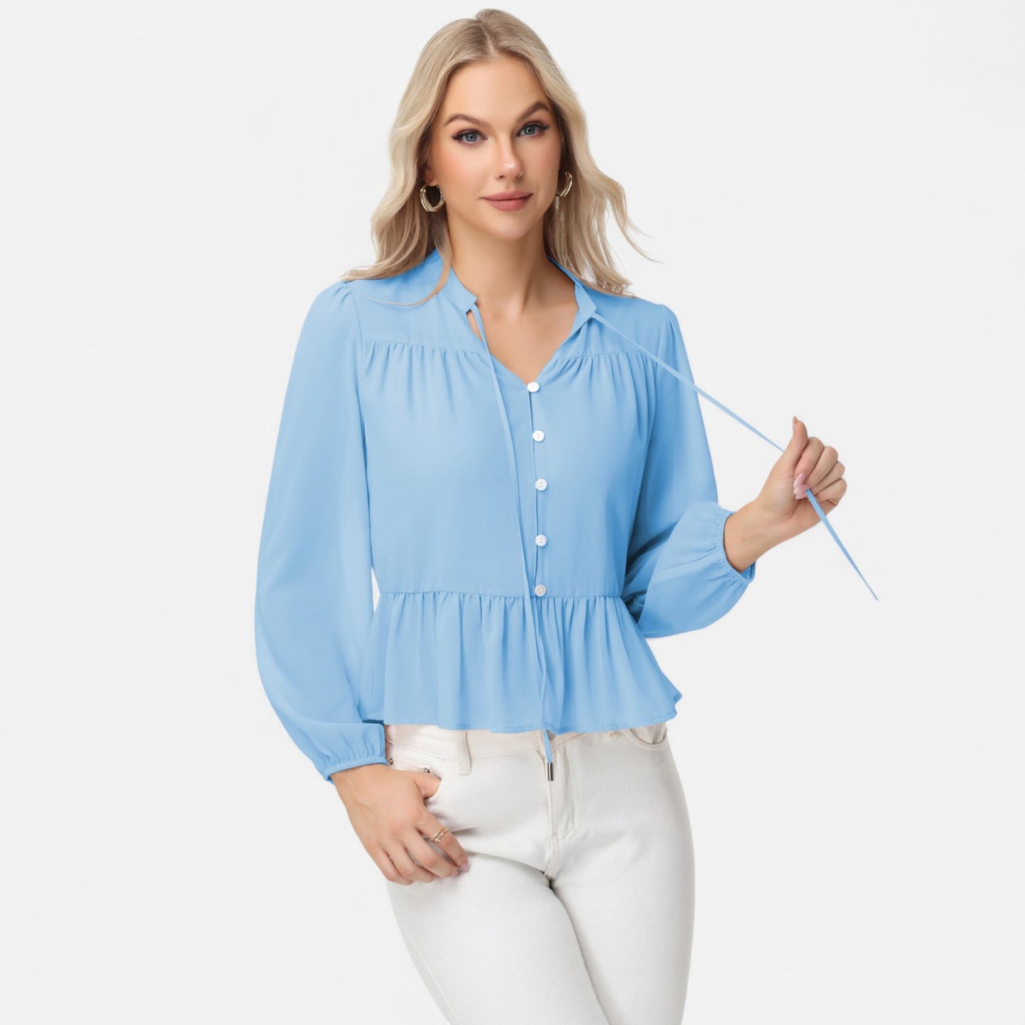 Anna-Kaci Women's Long Sleeve Button Front Peplum Blouse with V-Neckline and Gathered Waist Detail