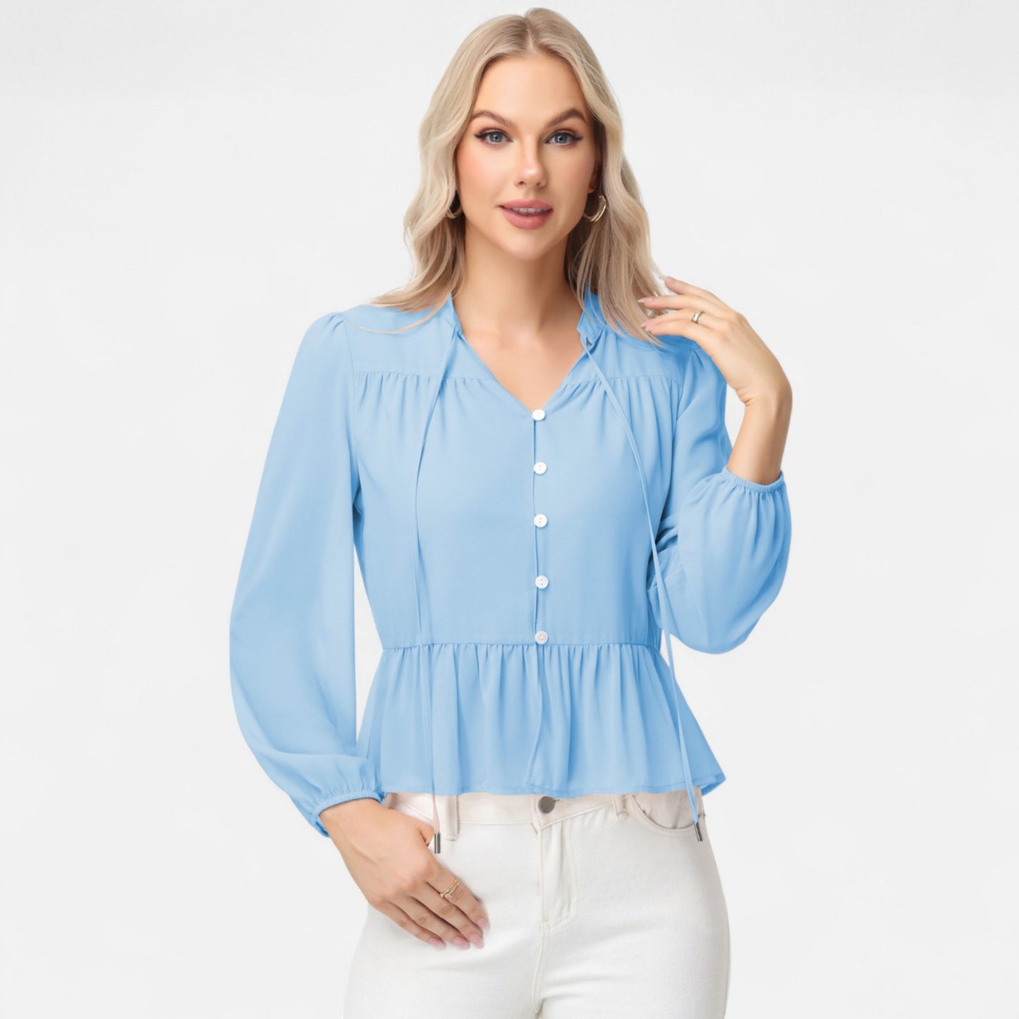 Anna-Kaci Women's Long Sleeve Button Front Peplum Blouse with V-Neckline and Gathered Waist Detail