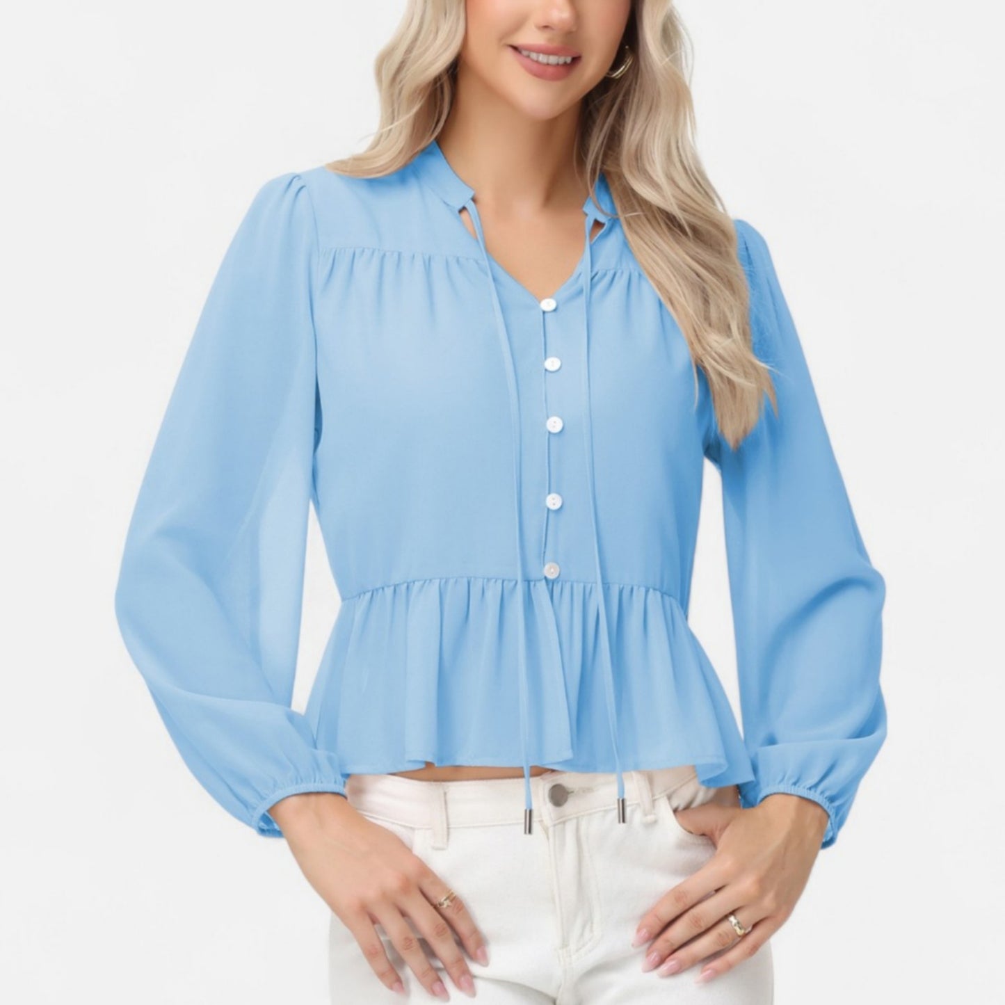 Anna-Kaci Women's Long Sleeve Button Front Peplum Blouse with V-Neckline and Gathered Waist Detail